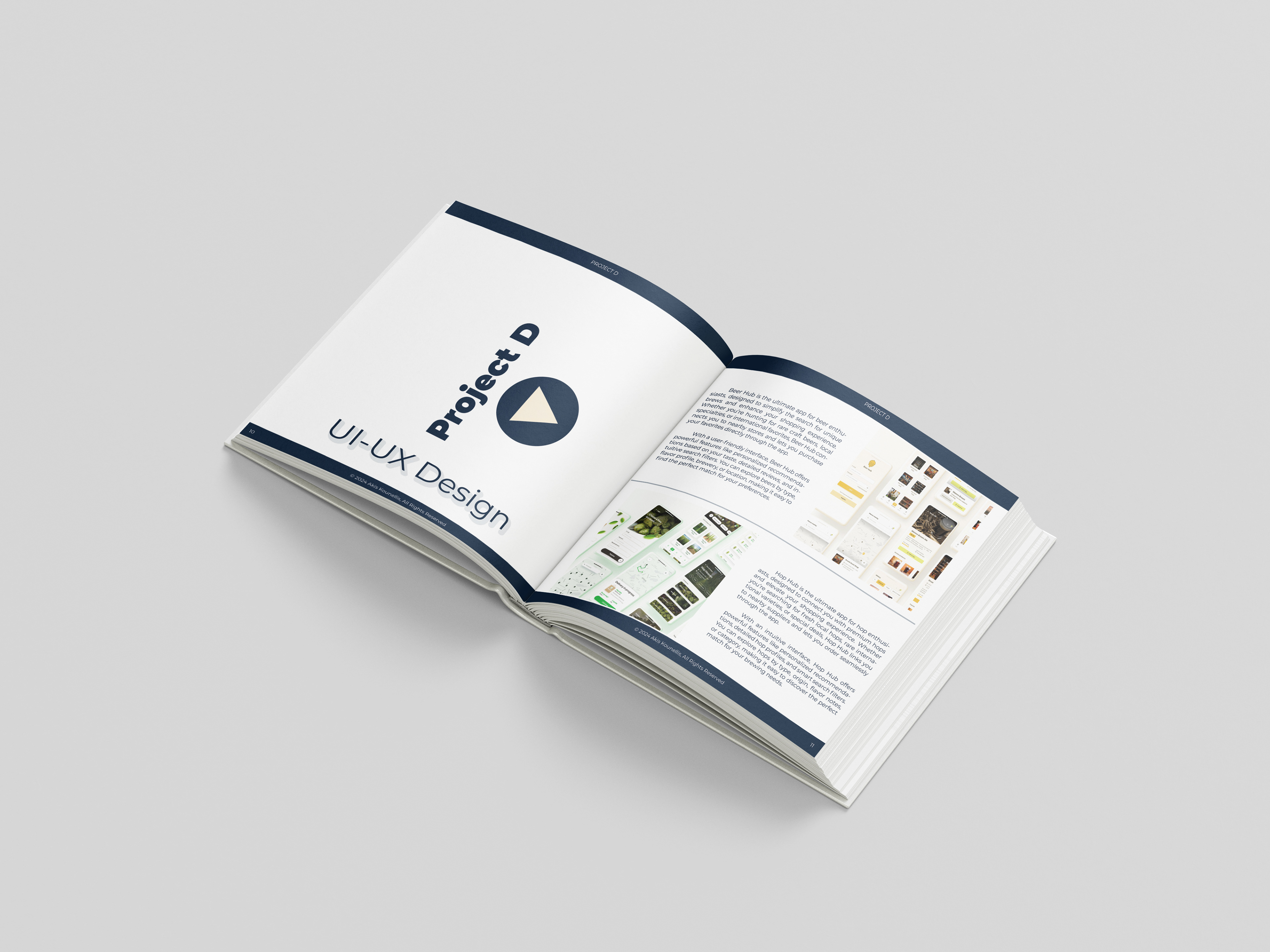 Editorial design book spread showing Project D with bold typography and UI/UX app design layouts with screenshots.