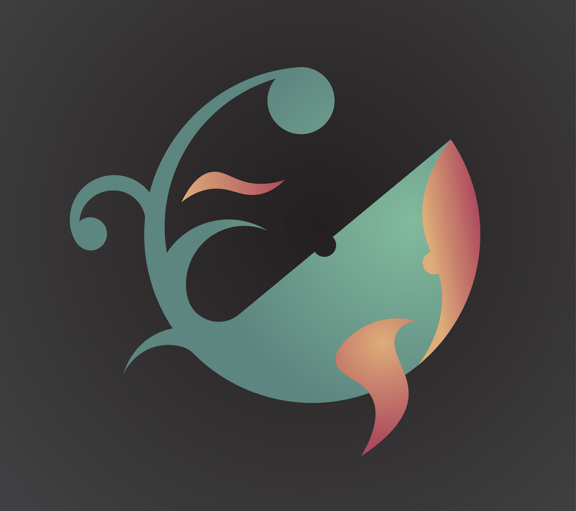 Abstract minimalist artwork in circular frame with teal organic curves and warm gradient face-like shapes on black background.