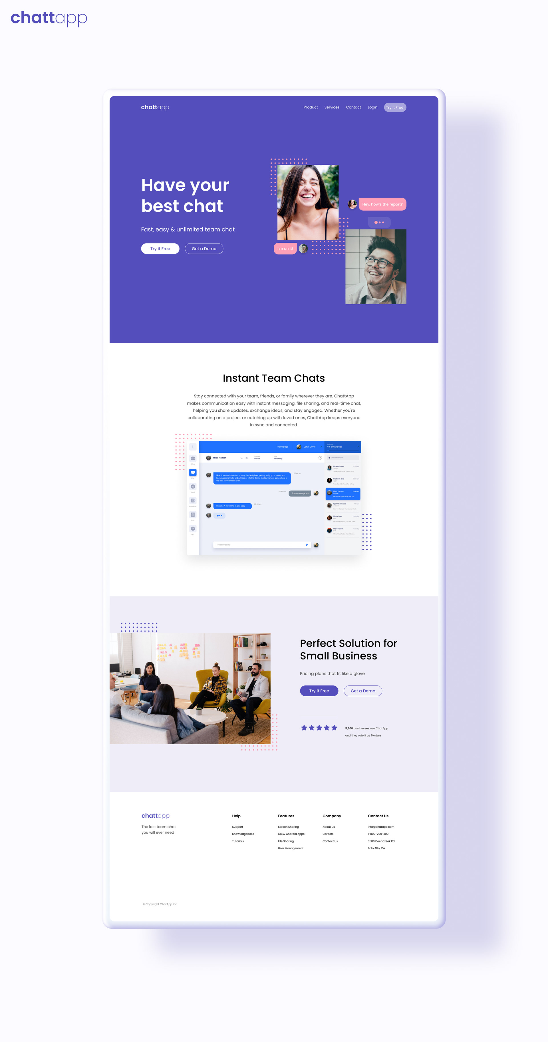 ChattApp landing page showing hero banner with tagline, team chat interface, business collaboration section, and footer with links.