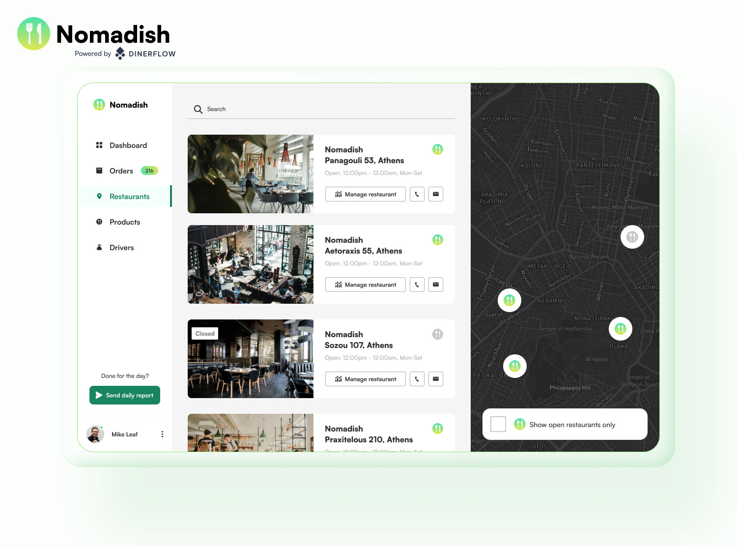 Nomadish web app showing restaurant management screen with status tracking.