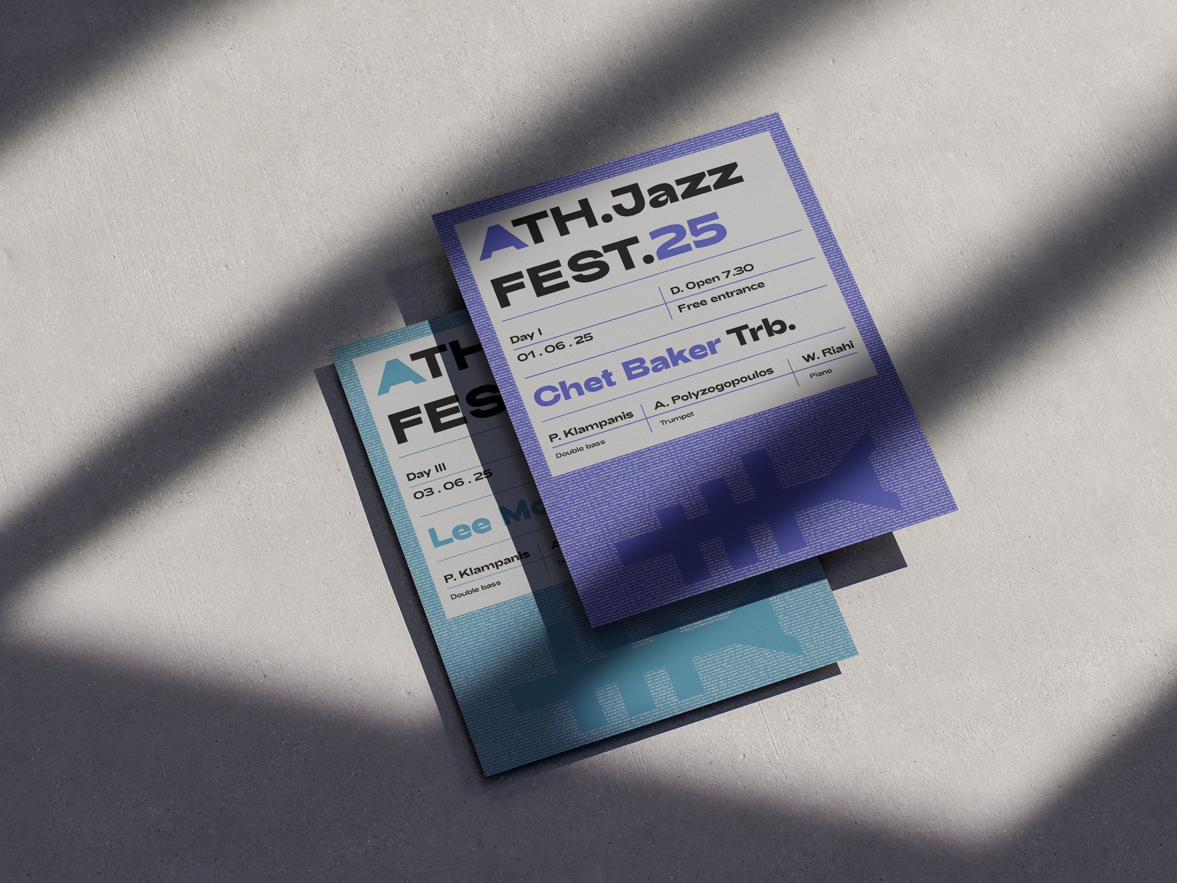 Athens Jazz Festival posters on concrete with shadows, purple version for Chet Baker and blue version for Lee Morgan, both with bold typography and trumpet motif.