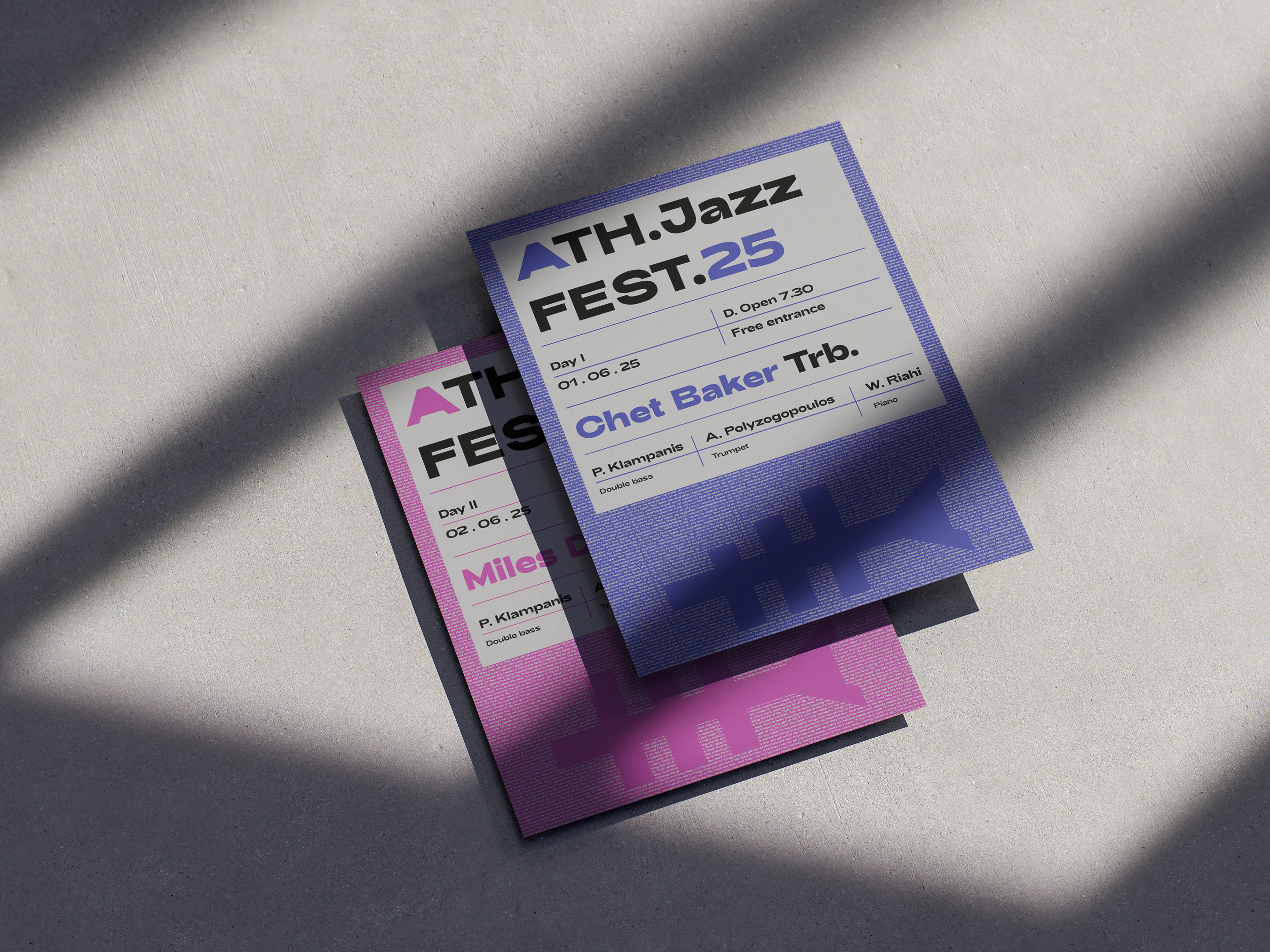 Athens Jazz Festival posters stacked on concrete with shadows, purple version for Chet Baker and pink version for Miles Davis, both with bold typography and trumpet motif.