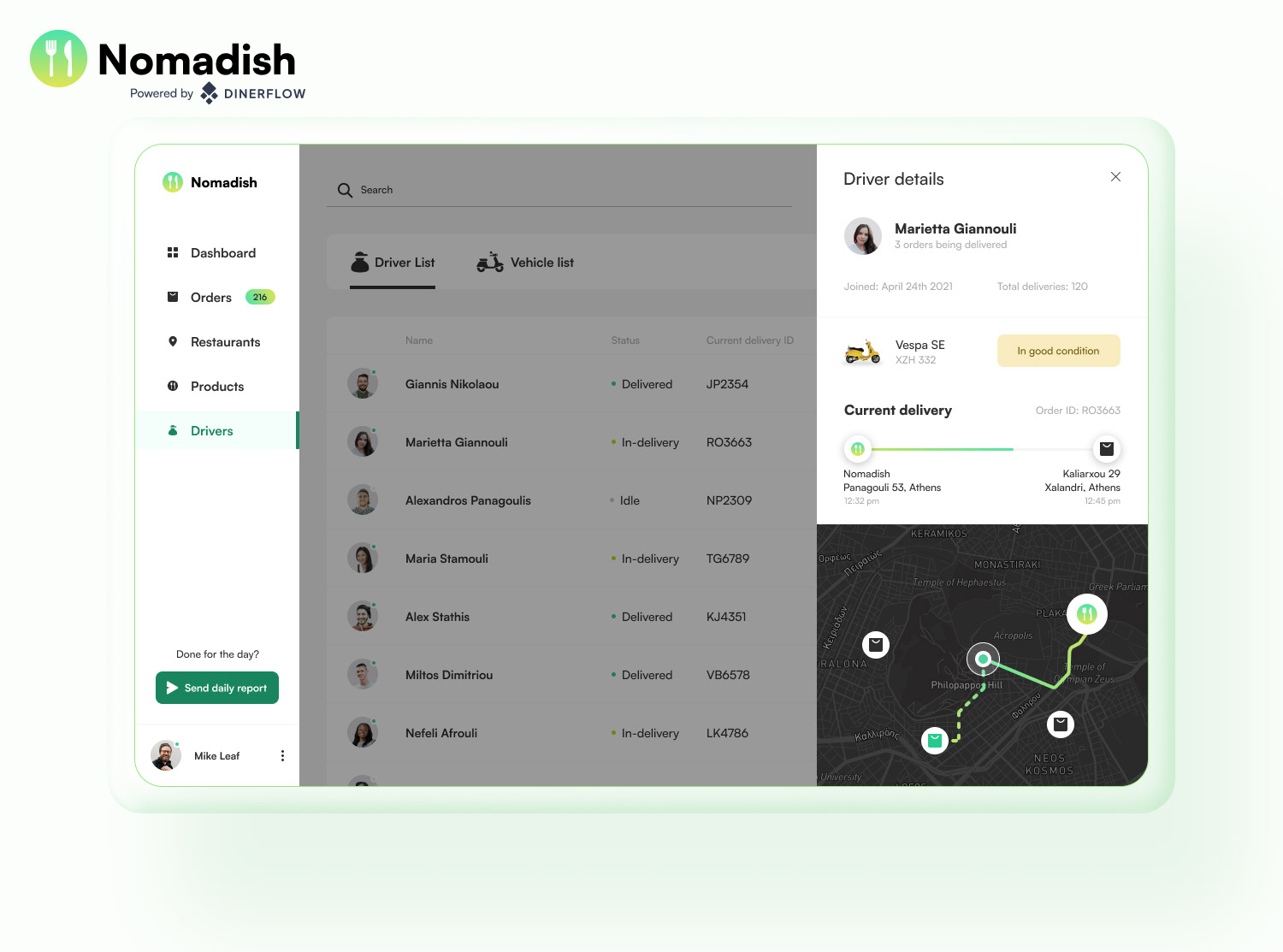 Nomadish web app showing staff panel with employees, roles, contact details, assignments, and live tracking.