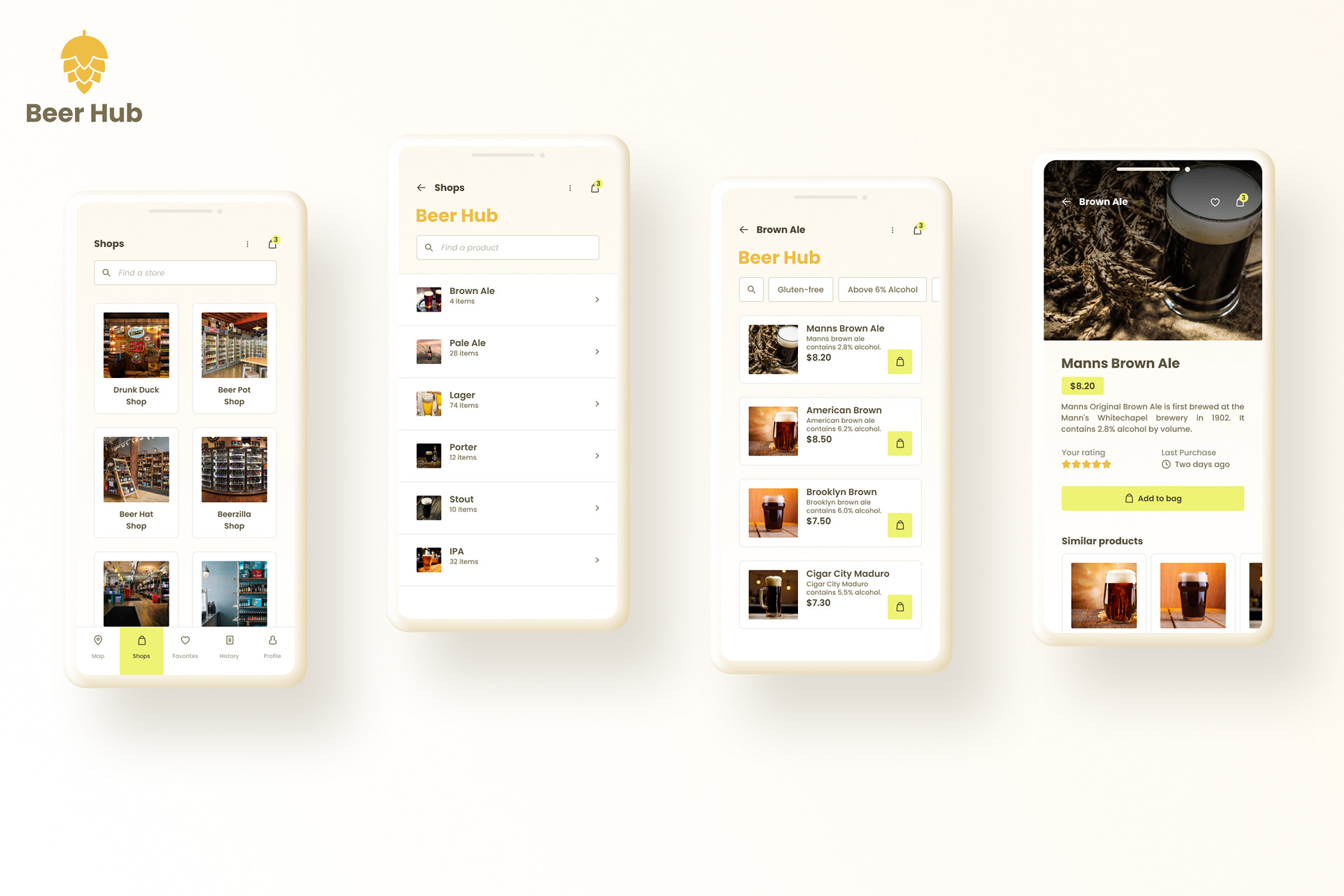 Beer Hub mobile app mockups showing beer styles, available beers, shop catalog, and product detail screen.