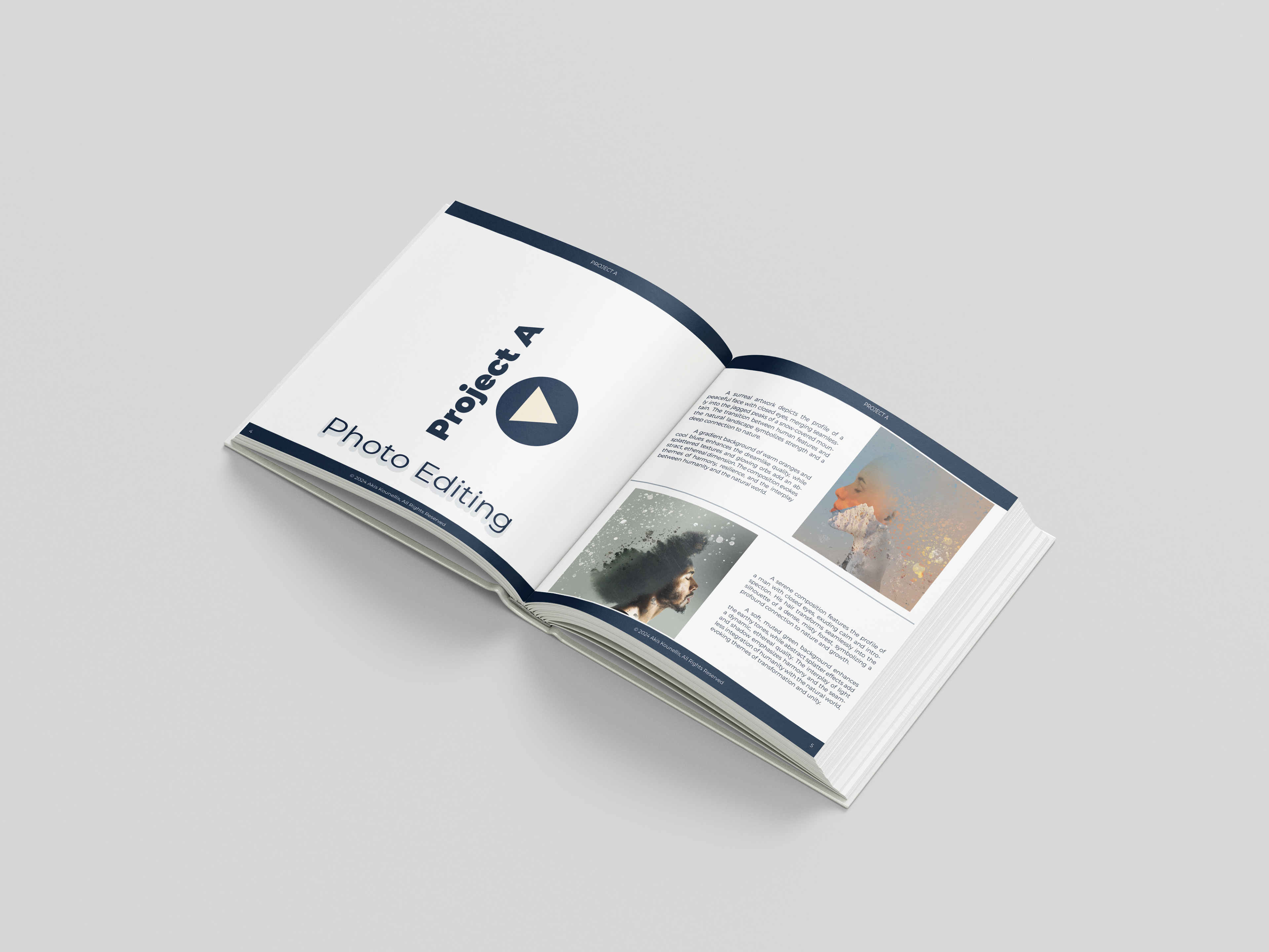 Editorial design book spread showing Project A with bold typography and surreal photo edits, including a smoky profile and fragmented head in orange and gray tones.