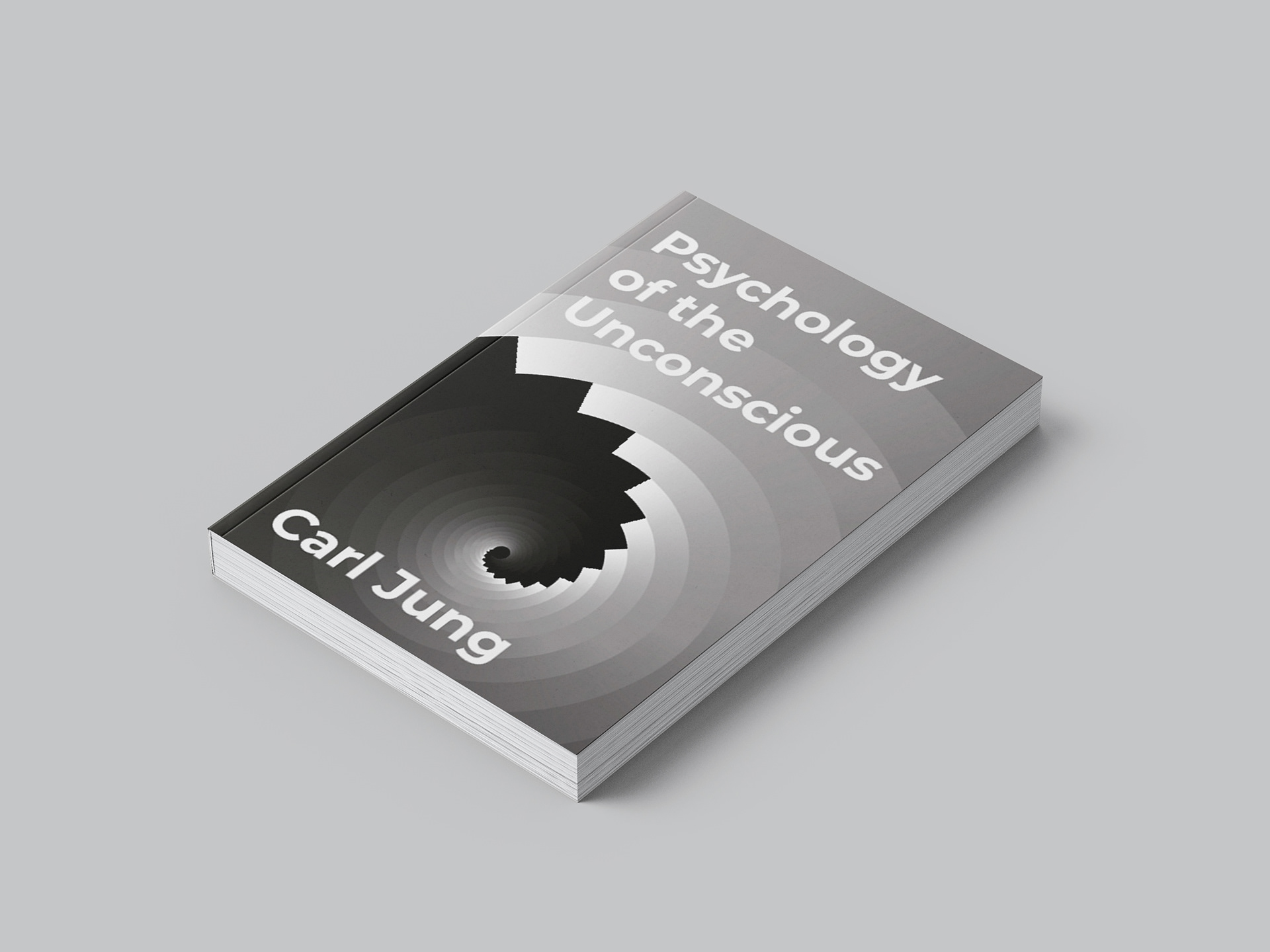 Modern grayscale book cover for Carl Jung’s Psychology of the Unconscious with spiral staircase effect, bold white typography, and gradient depth.