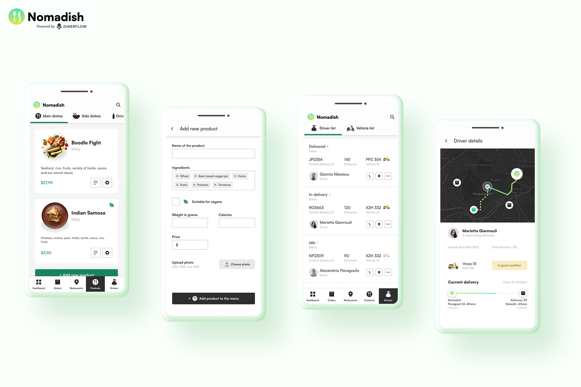 Nomadish mobile app showing products screen with add-to-menu option, driver status, and driver details with live tracking.