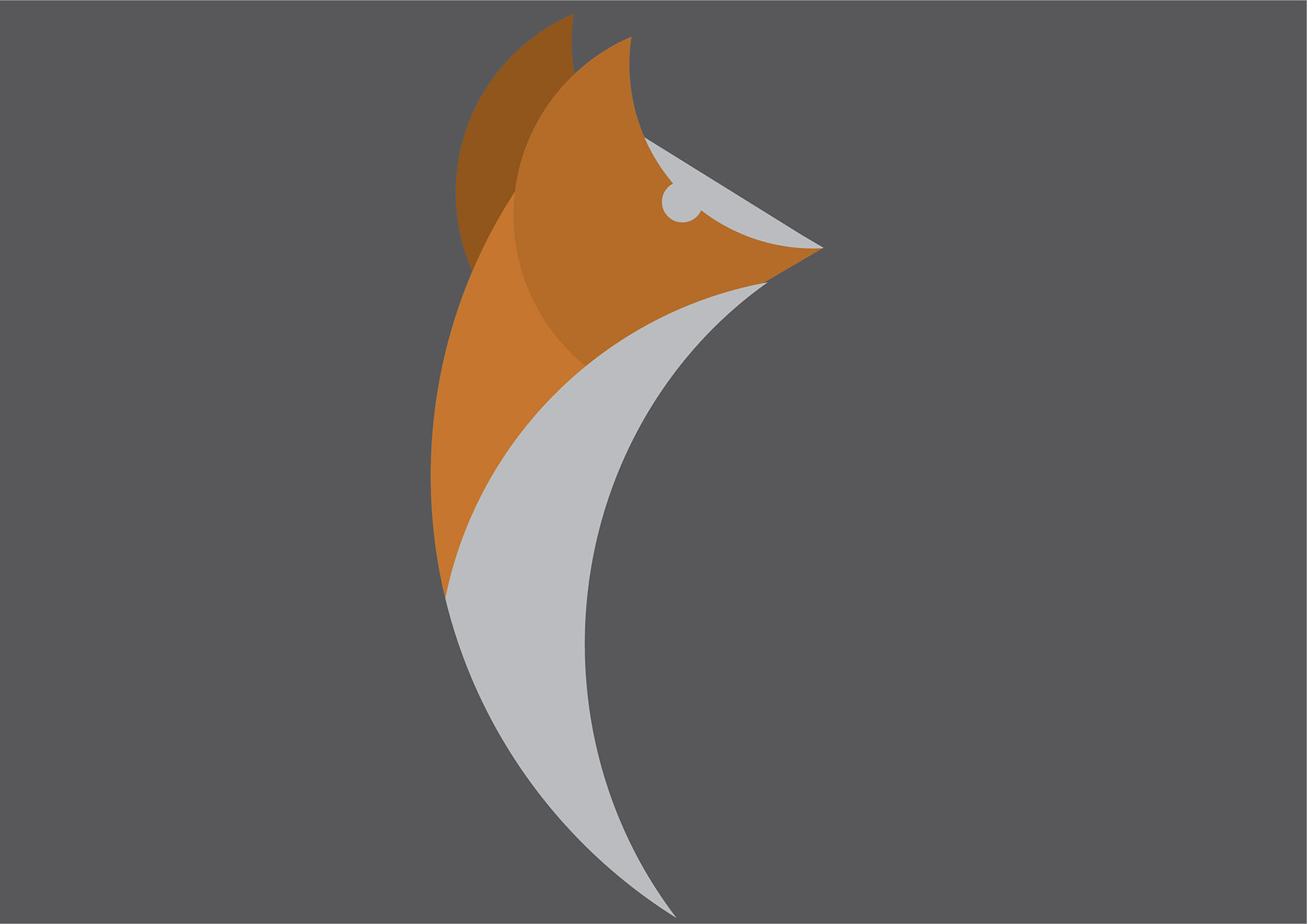 Minimalist geometric fox illustration on dark gray background, built with overlapping orange, brown, and light gray shapes.