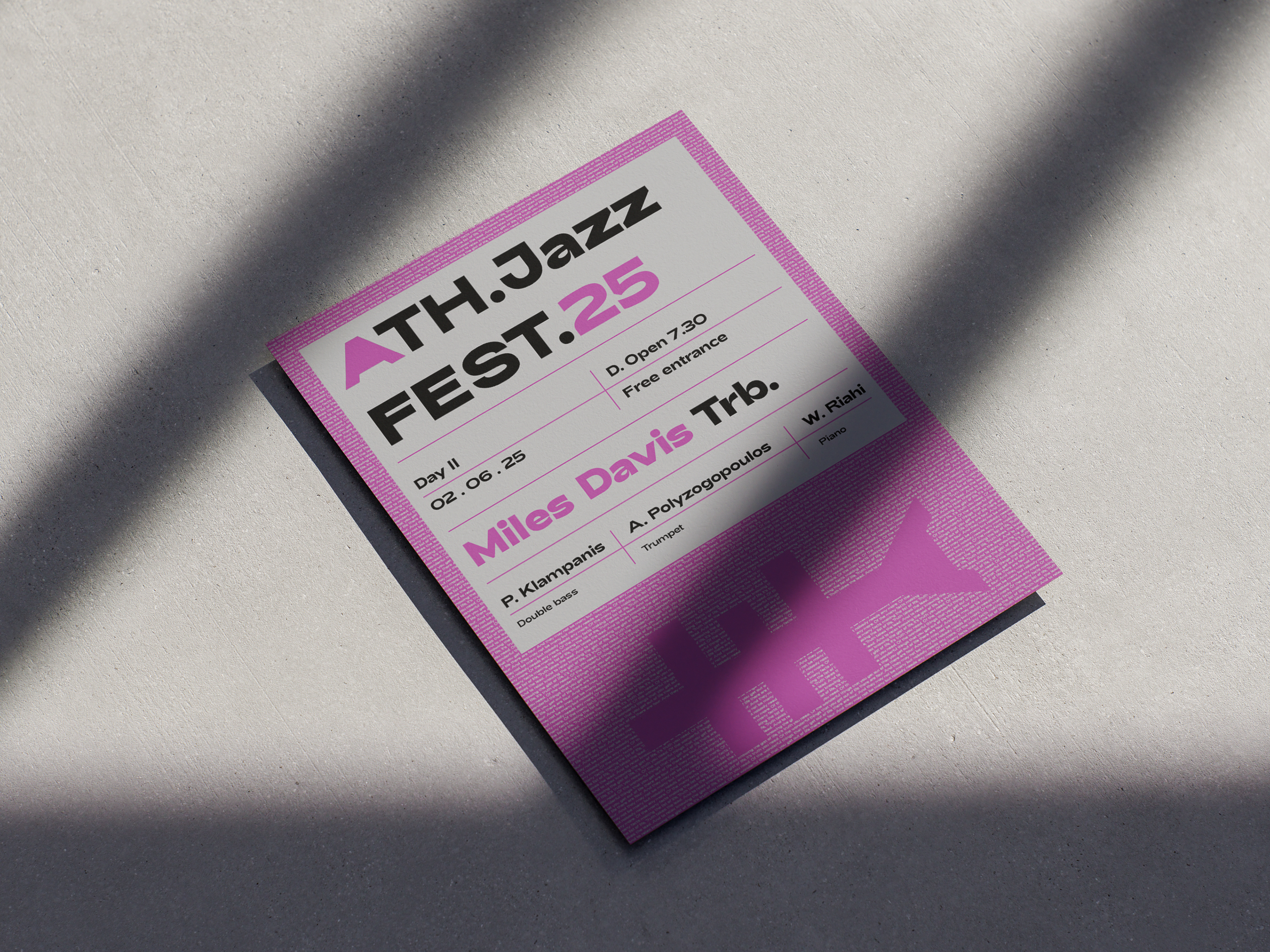 Pink Athens Jazz Festival poster on concrete with bold typography for ATH.Jazz FEST.25, featuring Miles Davis as main act and trumpet graphic.