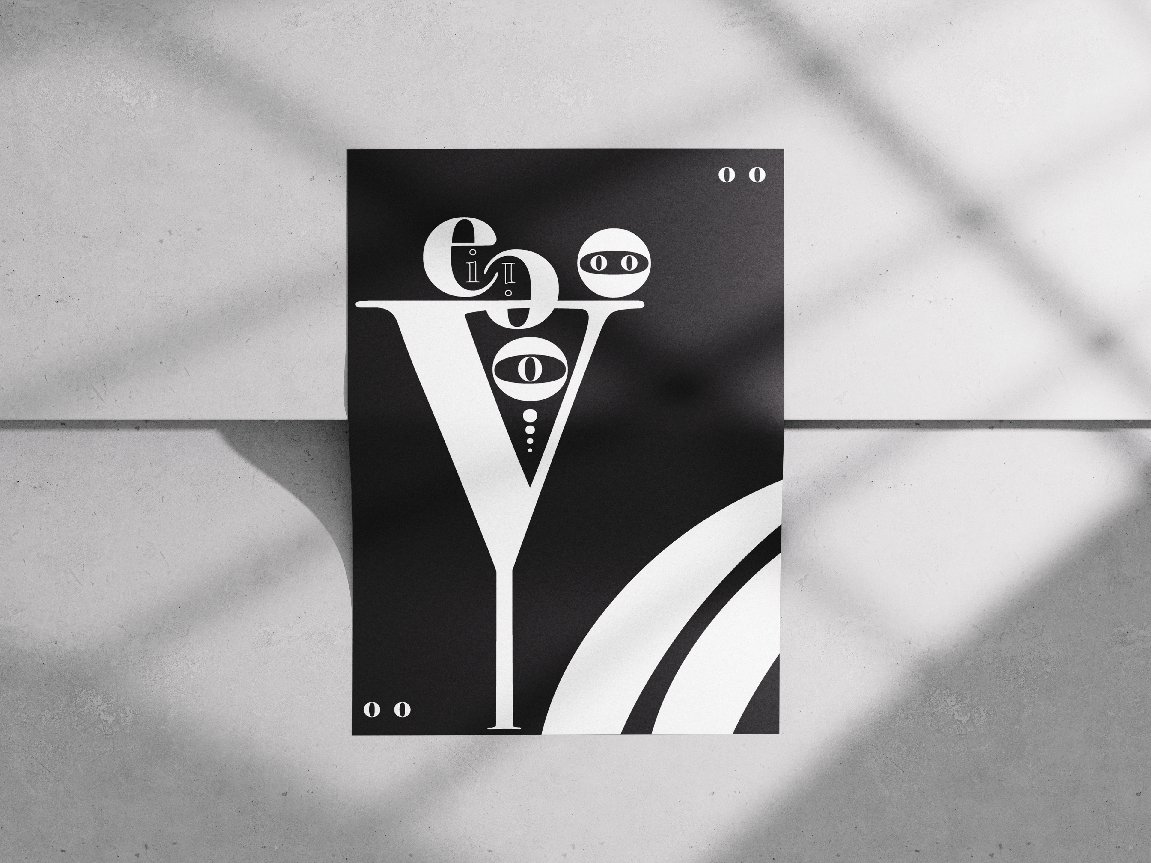 Black and white typographic poster with large letter Y, circular eye motifs, and abstract geometric details creating a surreal design.