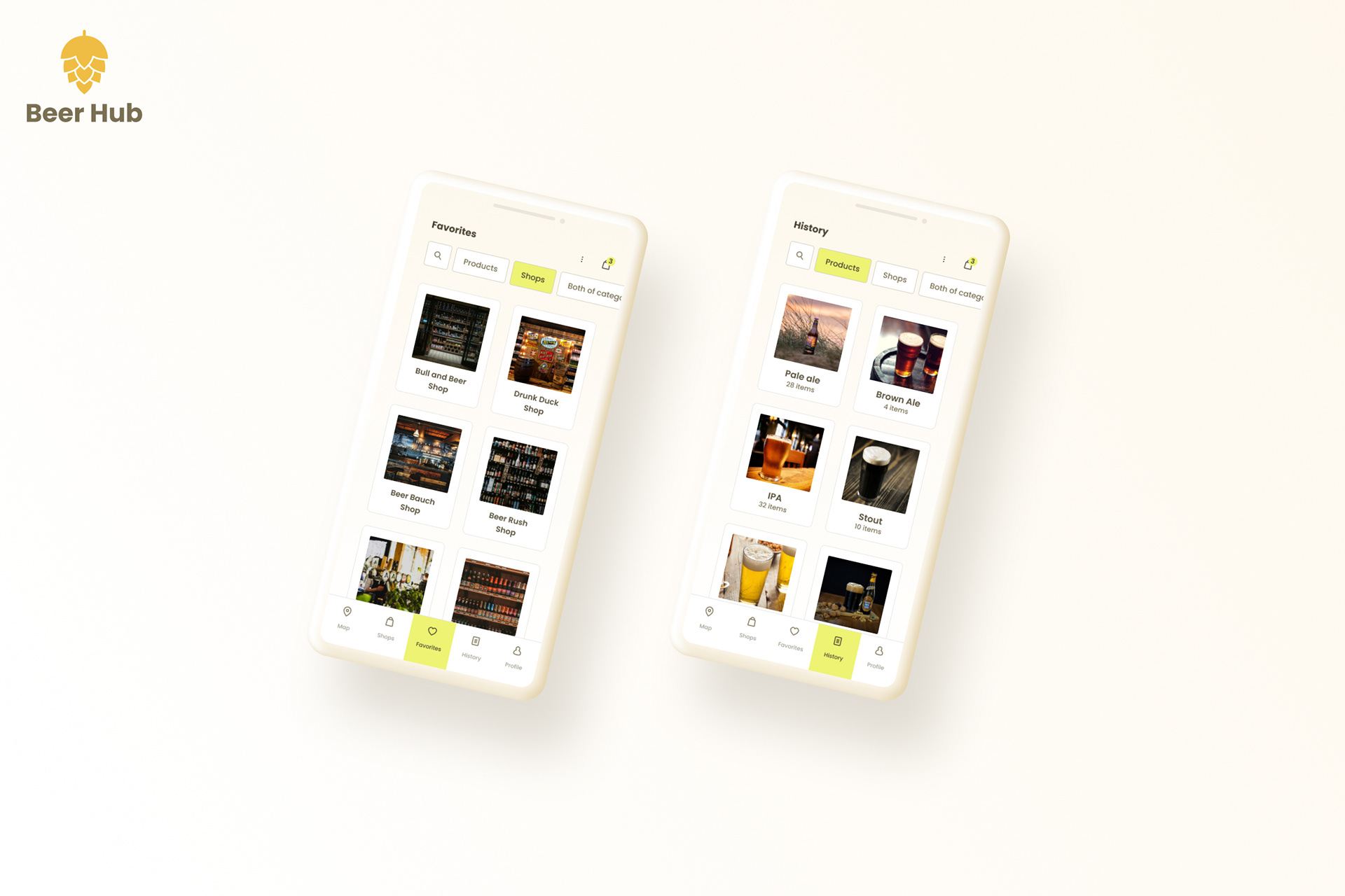 Beer Hub mobile app mockups showing user favorite shops and purchase history screens.