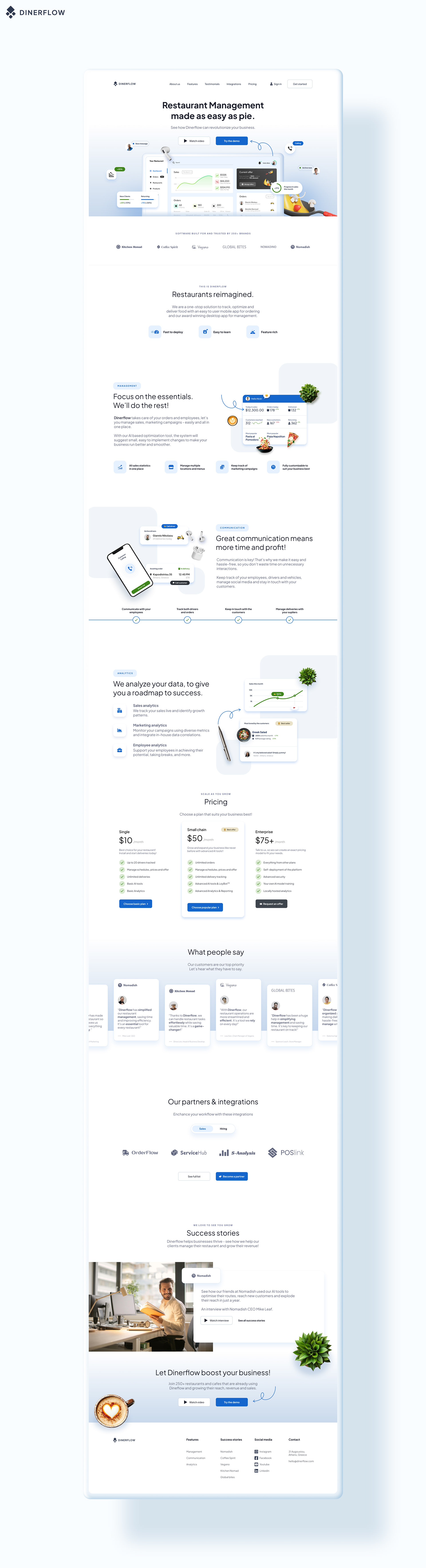 Dinerflow landing page desktop view showing hero section, features, pricing plans, testimonials, and partner logos.