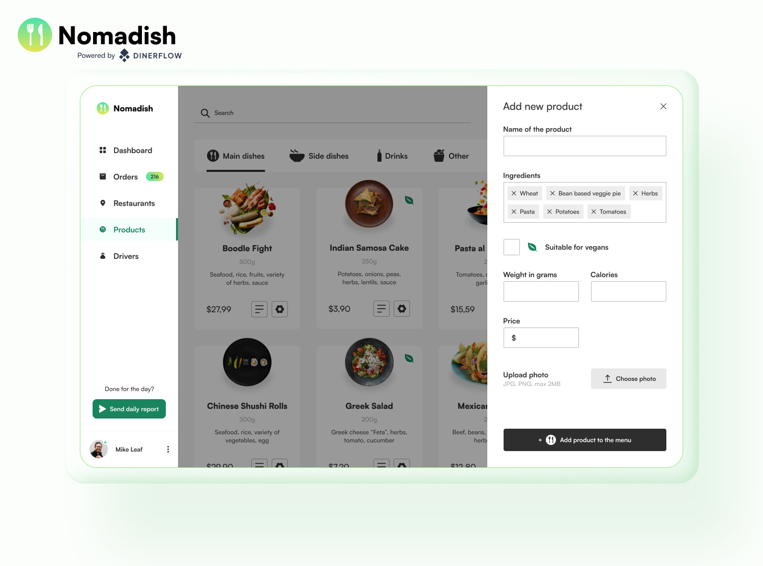 Nomadish web app showing restaurant management screen with product catalog and add new product feature.