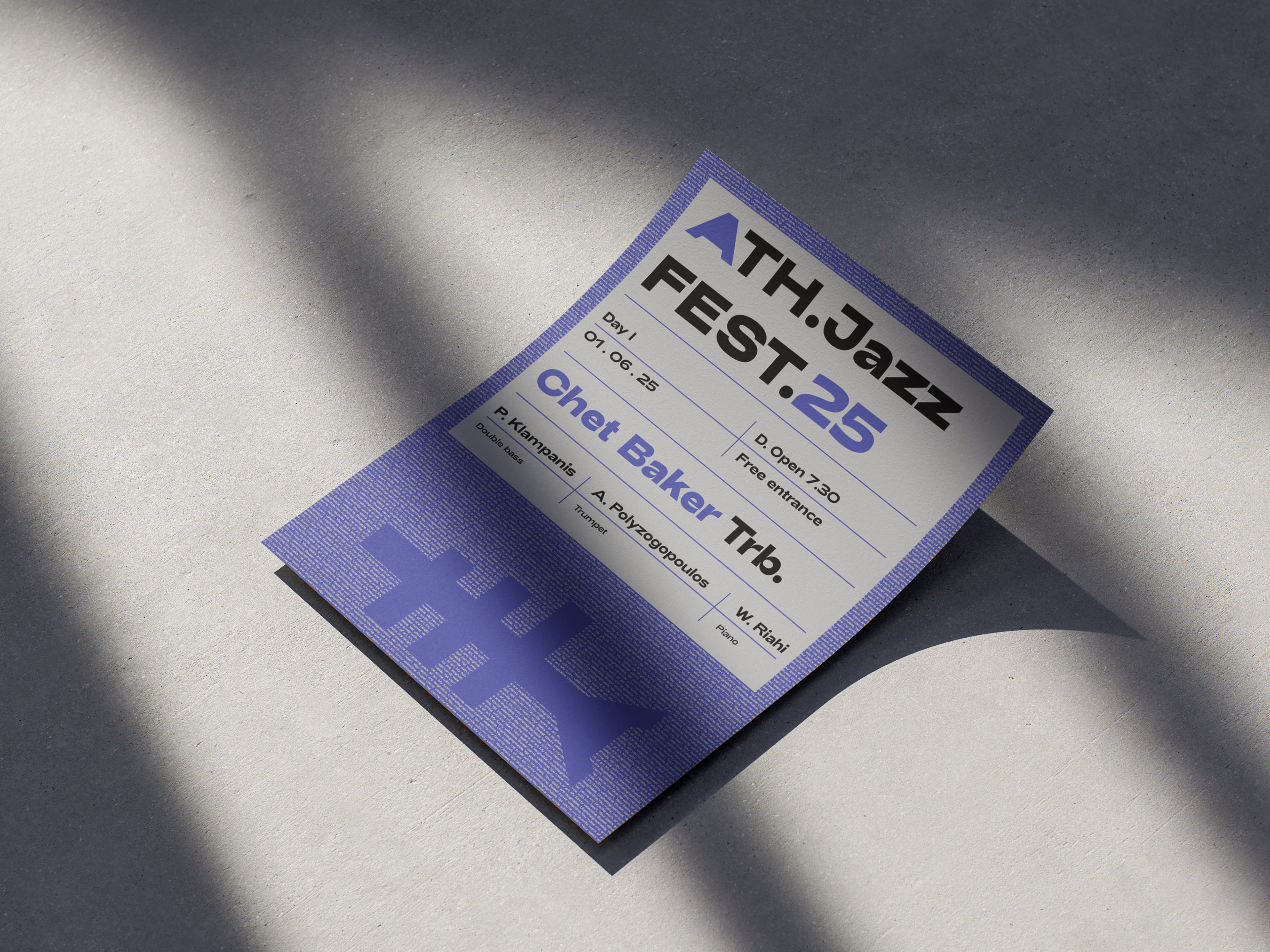 Purple Athens Jazz Festival poster on concrete surface with soft shadows, bold typography for ATH.Jazz FEST.25, Chet Baker as main act, and trumpet graphic in tonal purple.