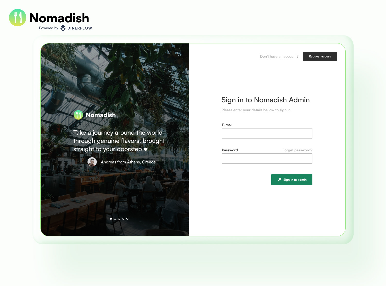 Nomadish web app hero section showing login screen with travel-inspired background.