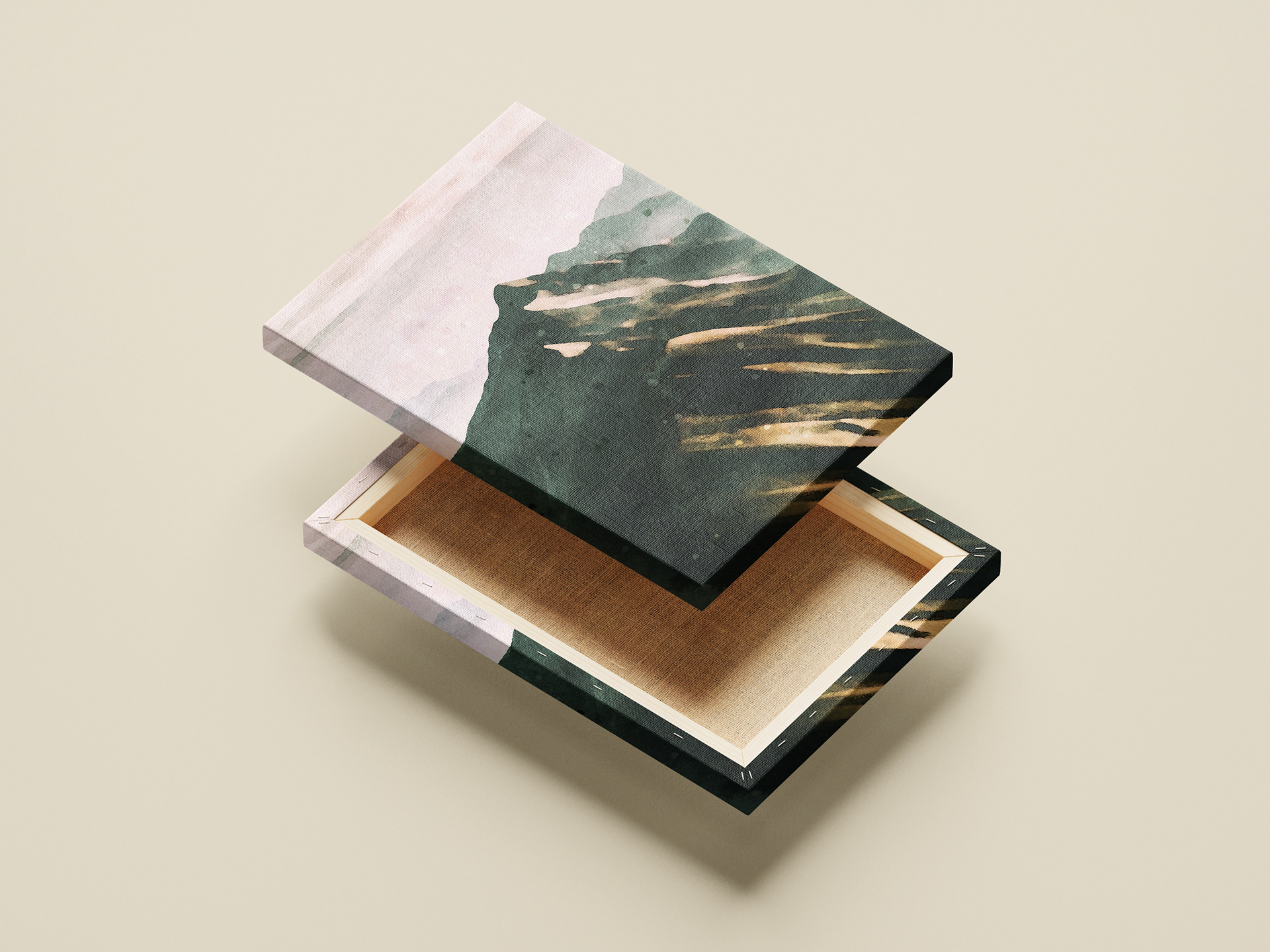 Canvas front and back with watercolor-style mountain landscape print.