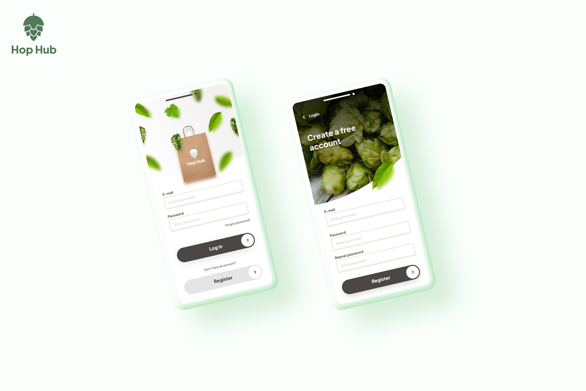 Hop Hub mobile app mockups showing the login and user registration screens.