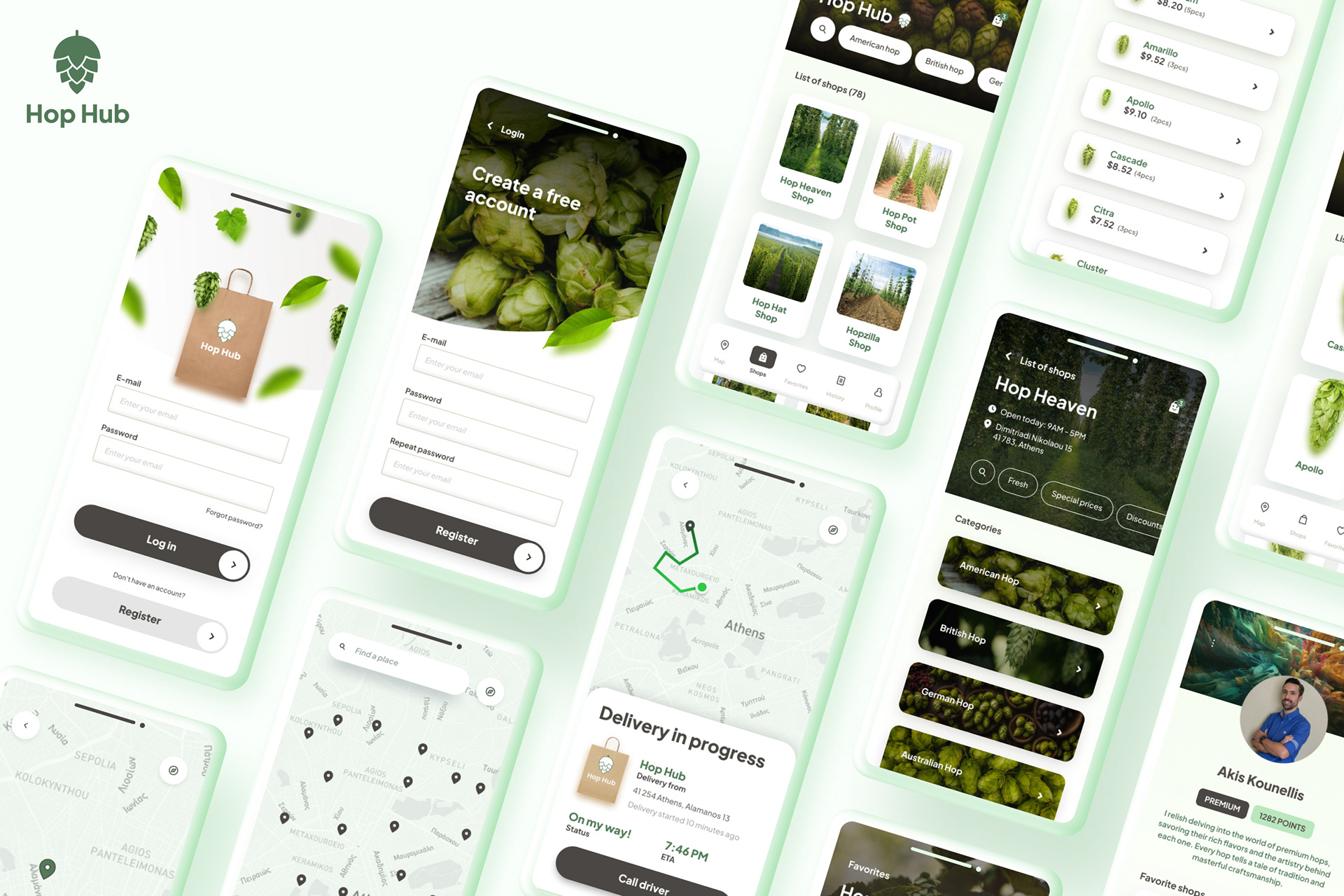 Mobile app mockups for Hop Hub showing hops catalog, beer discovery, and delivery tracking screens.