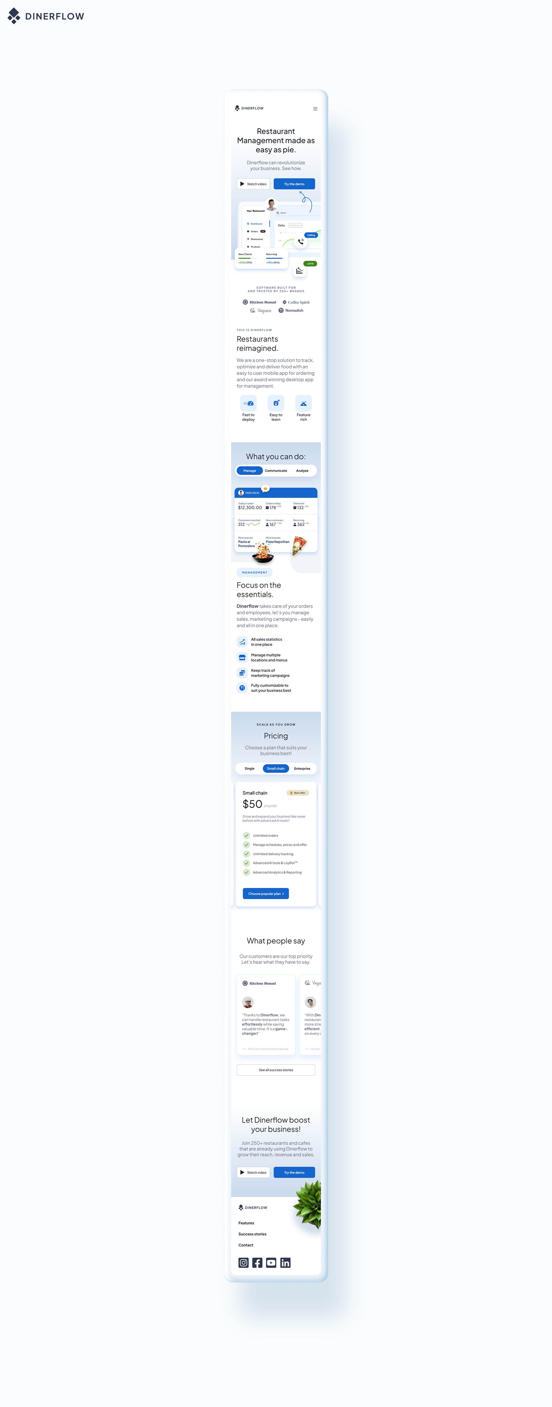 Dinerflow landing page mobile view showing hero section, app features, pricing plans, and testimonials.