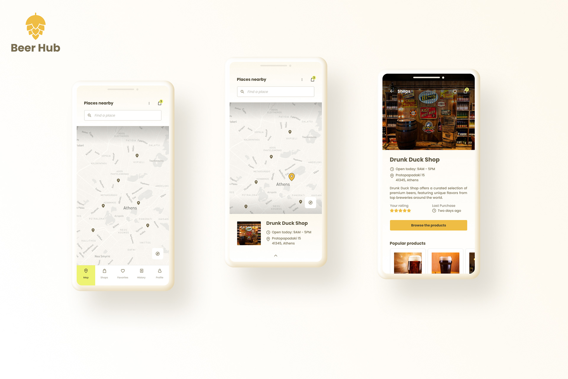 Beer Hub mobile app mockups showing interactive map, nearby shop locations, and beer store screen.
