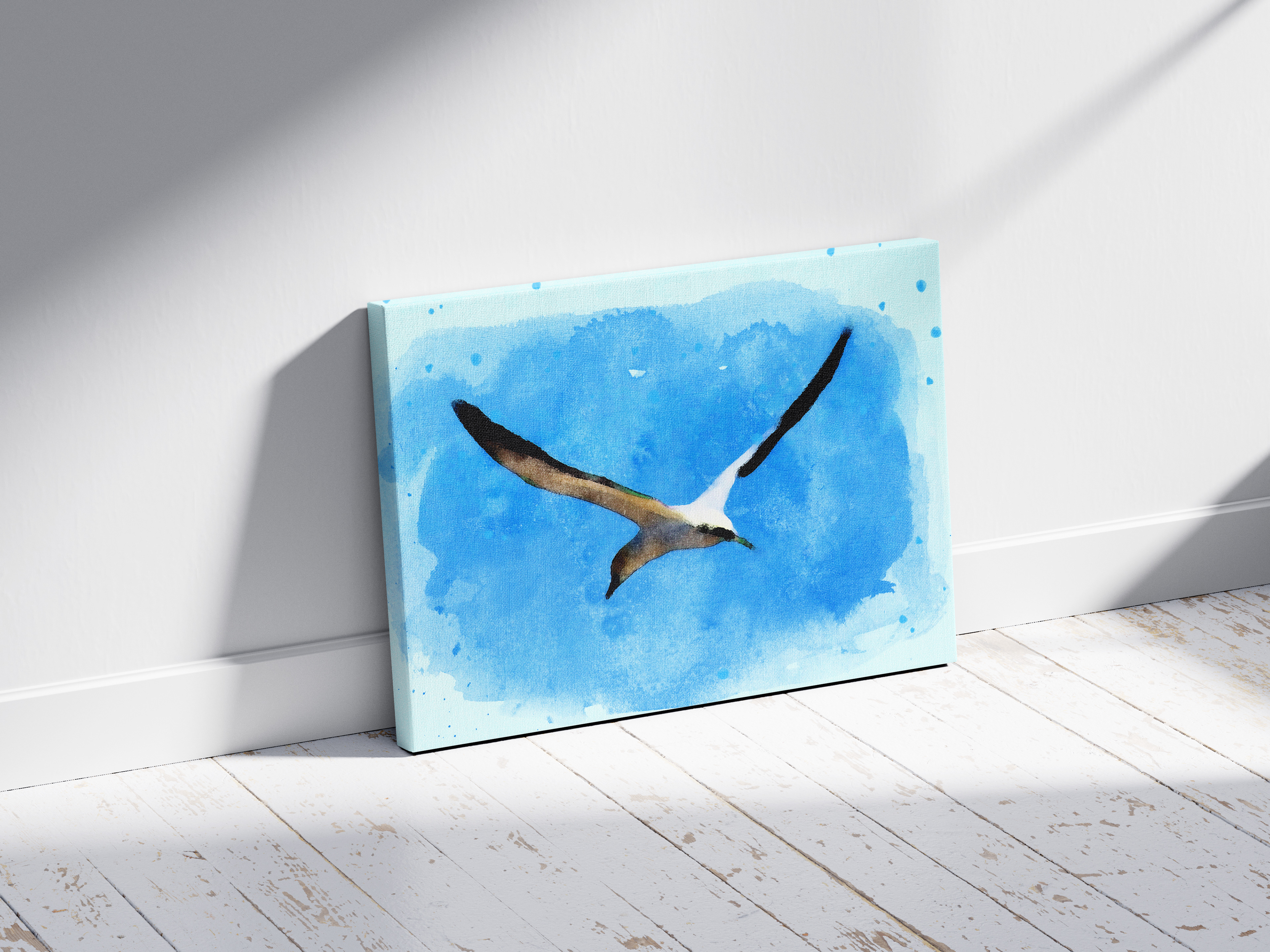 Canvas painting of bird in flight against blue watercolor sky, leaning on white wall.