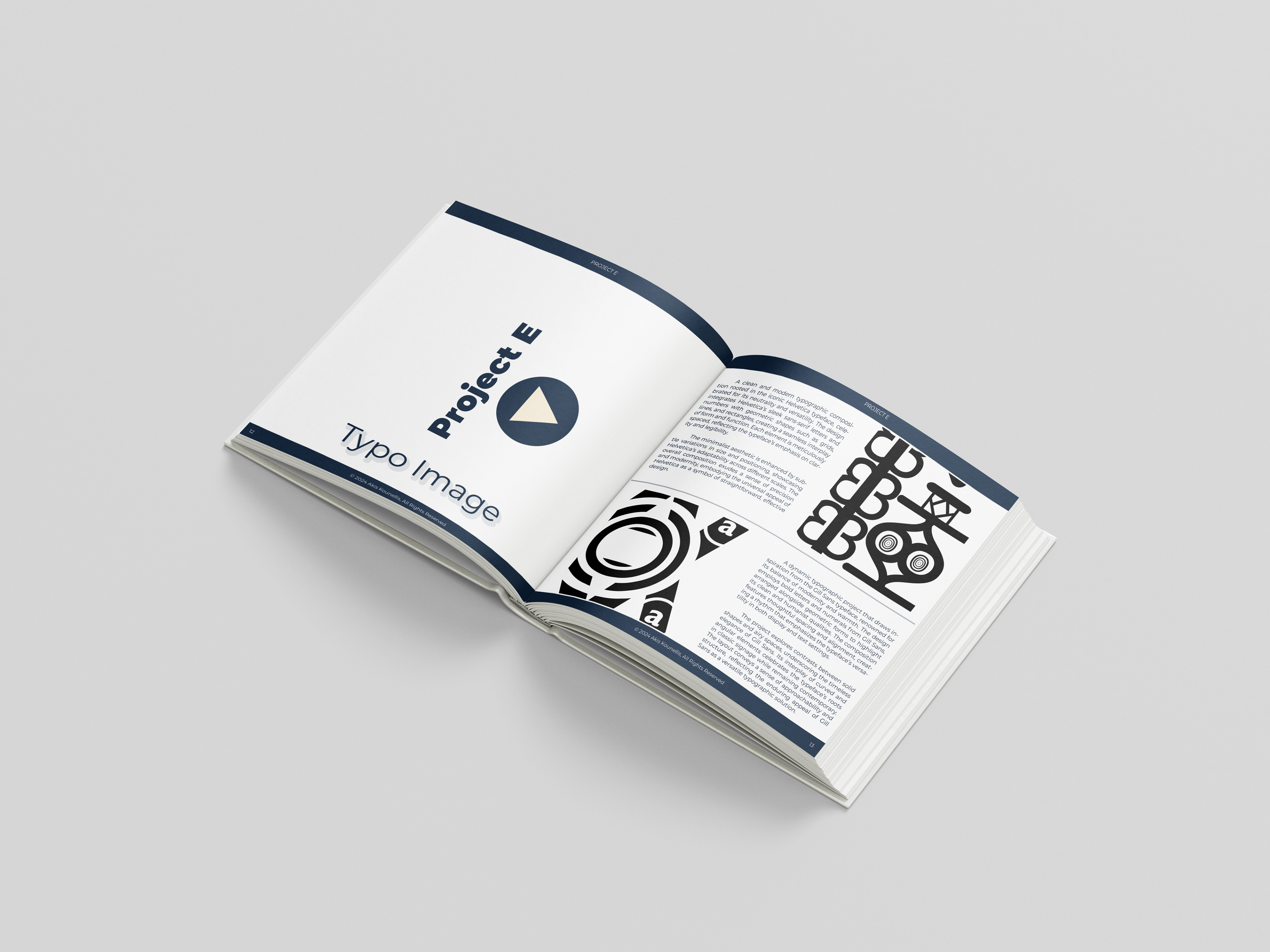 Editorial design book spread showing Project E with bold typography and abstract black-and-white typographic illustrations.