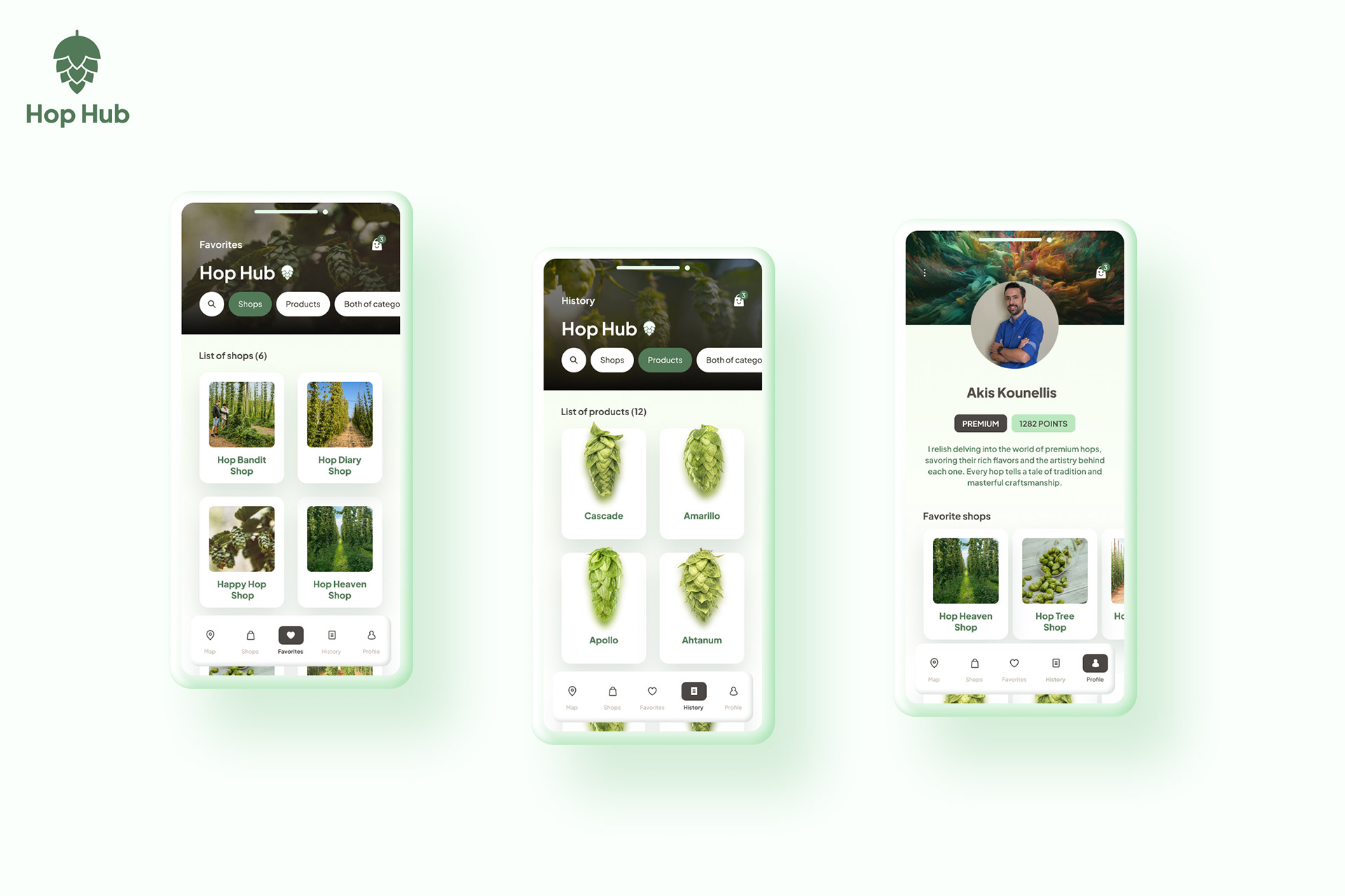 Hop Hub mobile app mockups showing marketplace with hop products, detailed descriptions, and community profile.