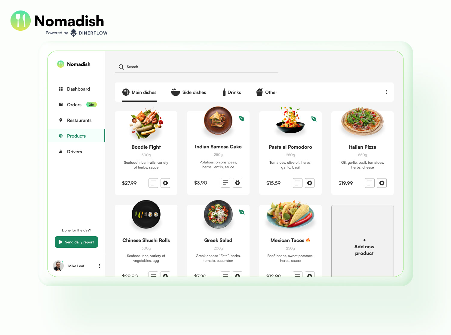 Nomadish web app showing digital menu with food categories, dish previews, descriptions, and prices.