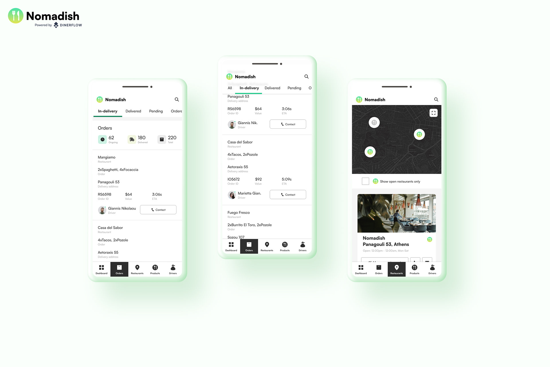 Nomadish mobile app showing orders screen and restaurant management screen.