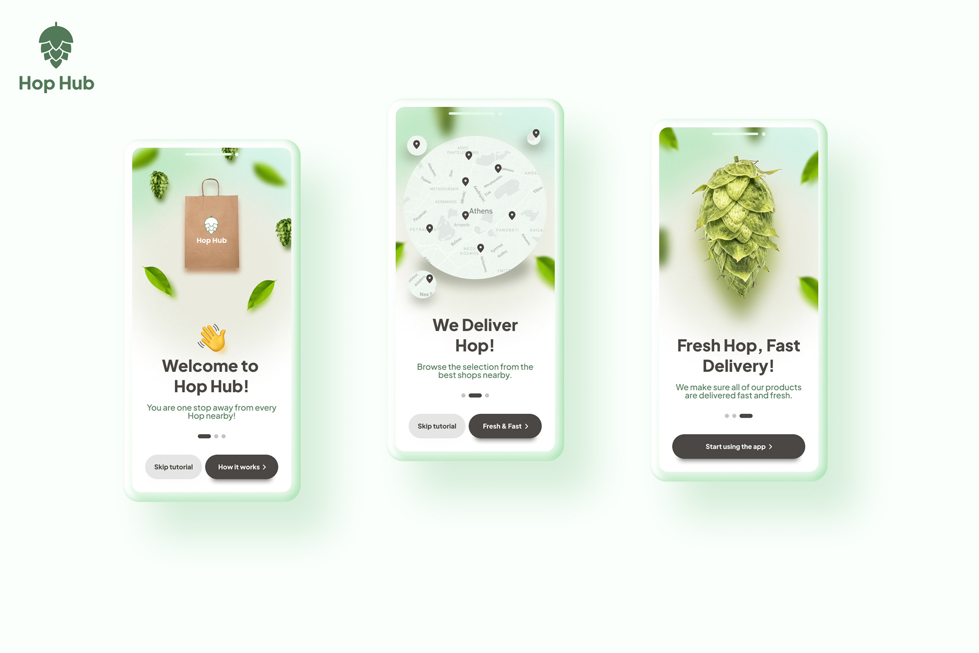 Hop Hub mobile app mockups showing welcome screen, hops discovery tool, and hop variety details page.