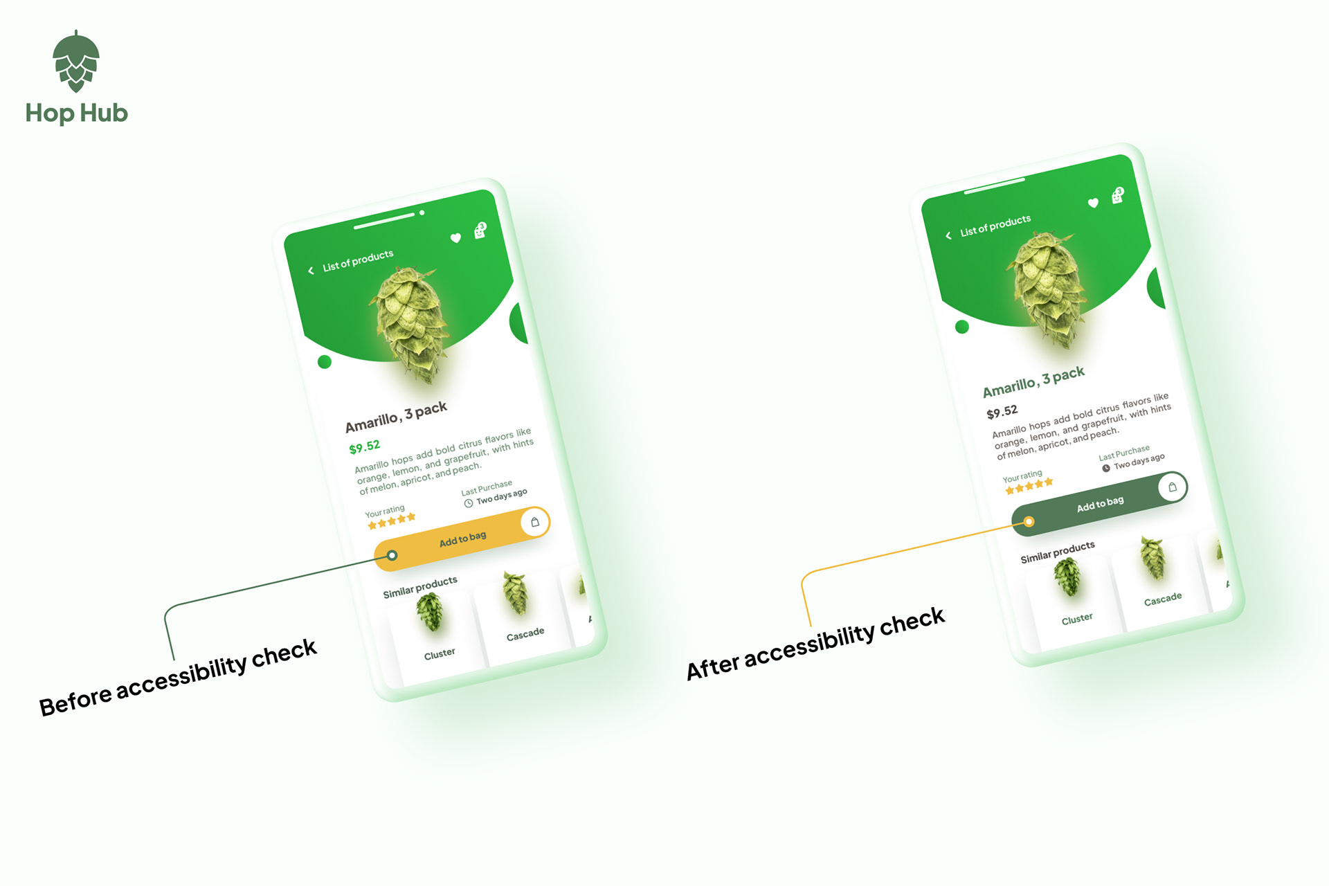 Hop Hub mobile app mockups showing accessibility options, like high-contrast button colors, in product details.