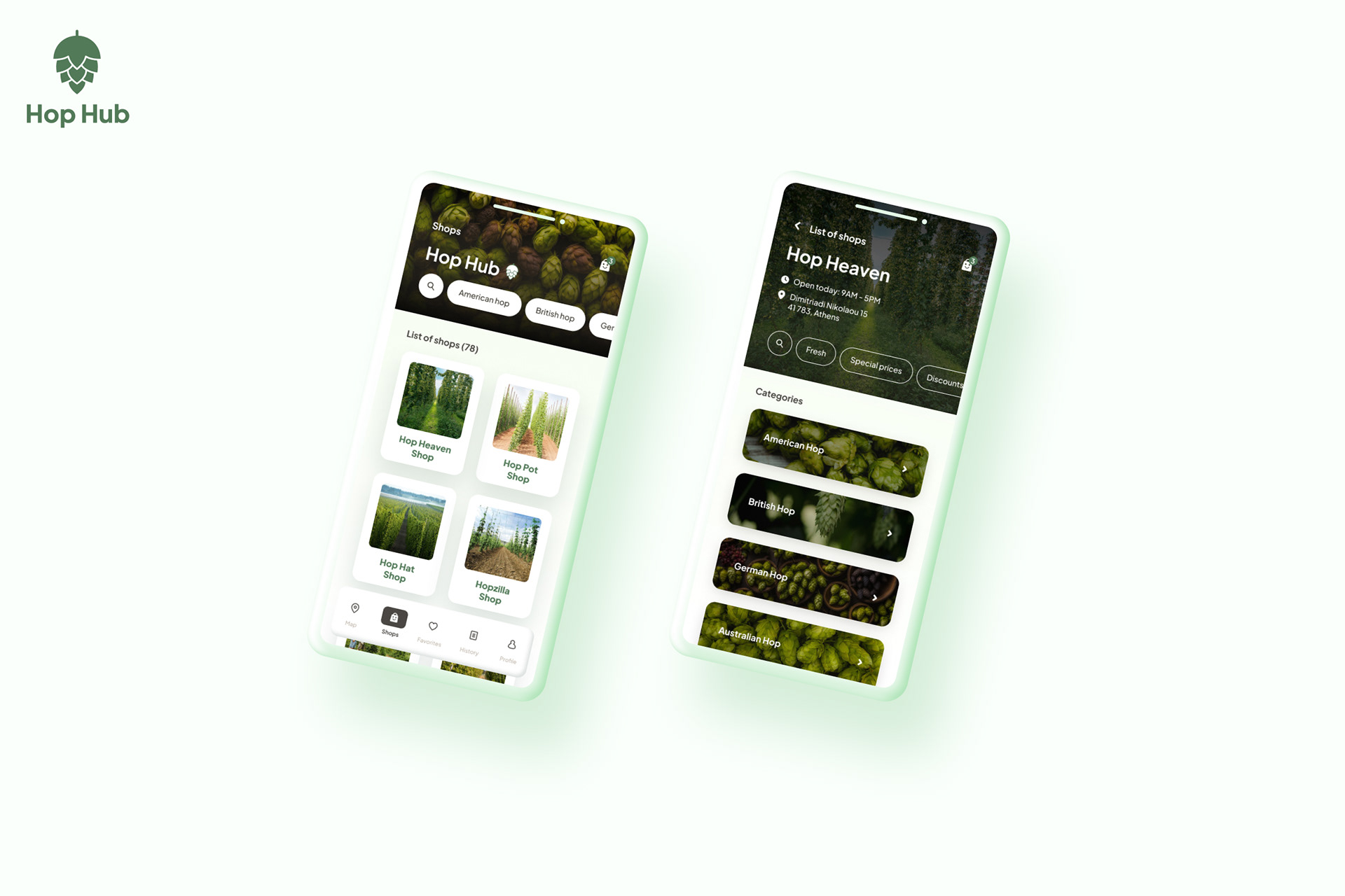 Hop Hub mobile app mockups showing hops categories and beer shop listing.