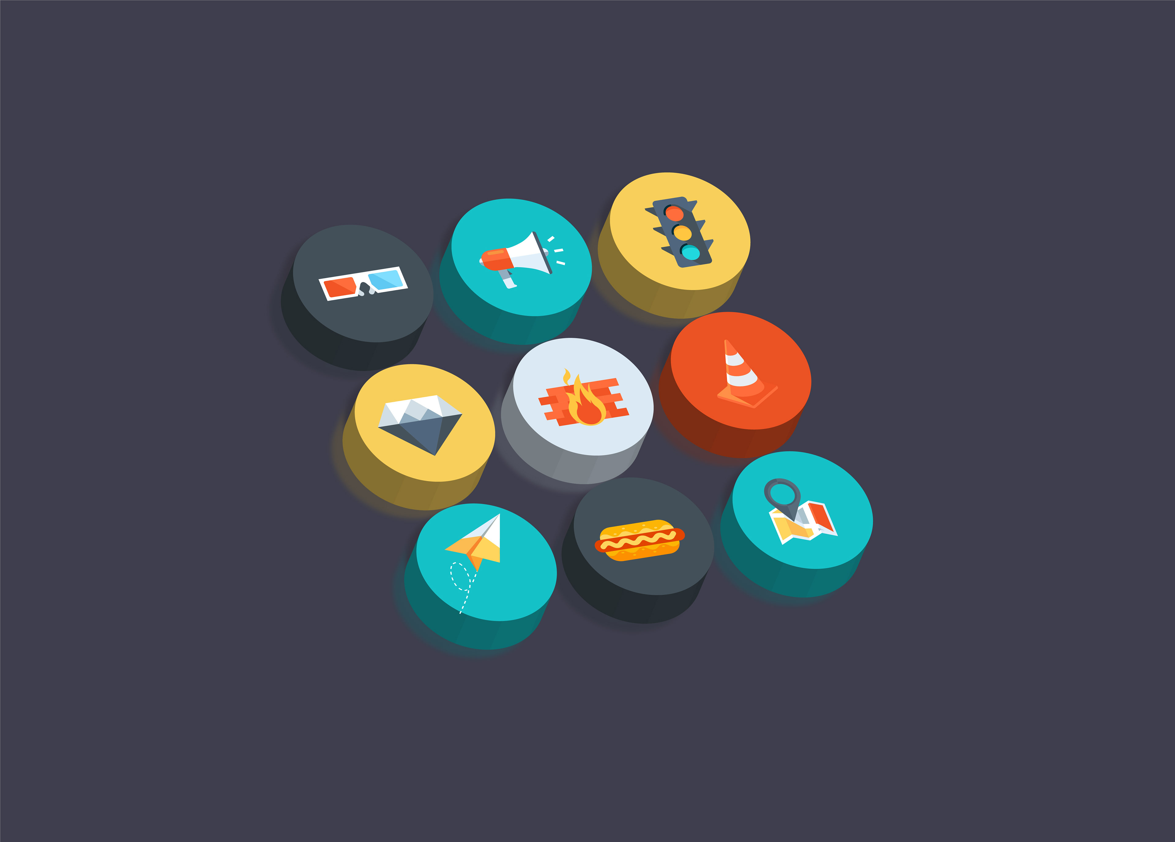 Playful 3D-style circular icon set with flat illustrations, including glasses, megaphone, traffic light, diamond, fire wall, cone, airplane, hotdog, and map.