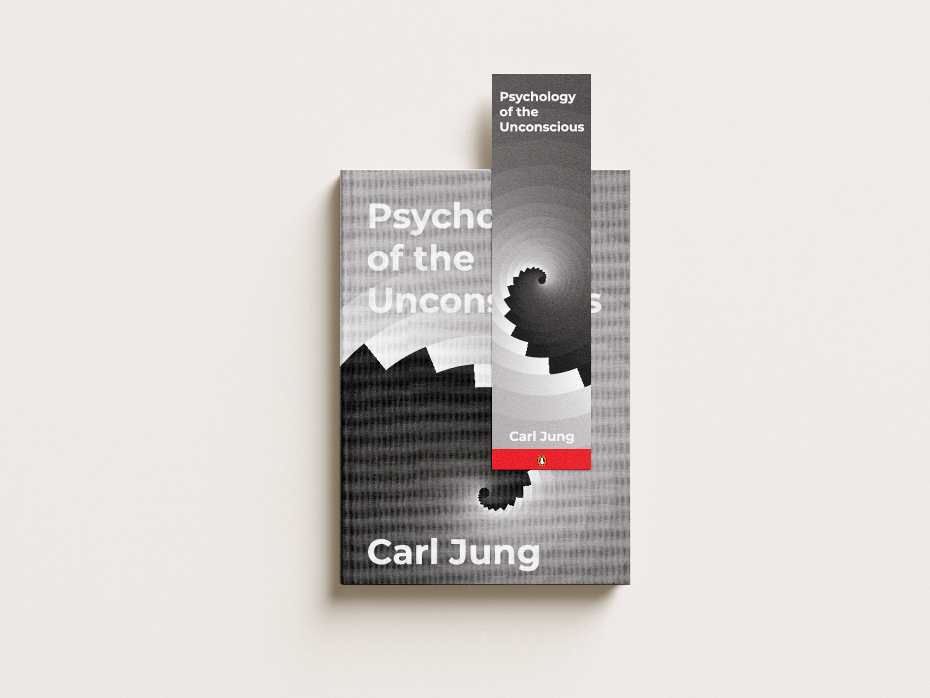 Hardback book and bookmark design for Carl Jung’s Psychology of the Unconscious with grayscale spiral fractal motif, bold white typography, and Penguin logo.