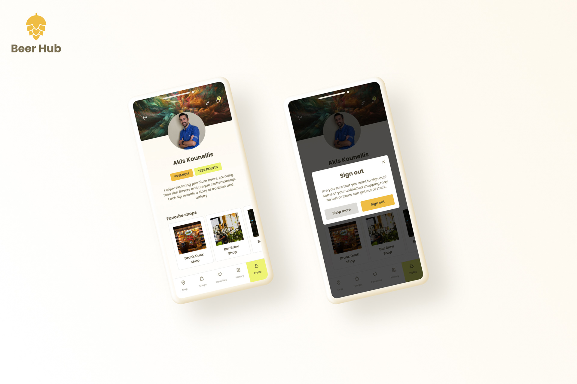 Beer Hub mobile app mockups showing rewards program, user profile, and logout modal.