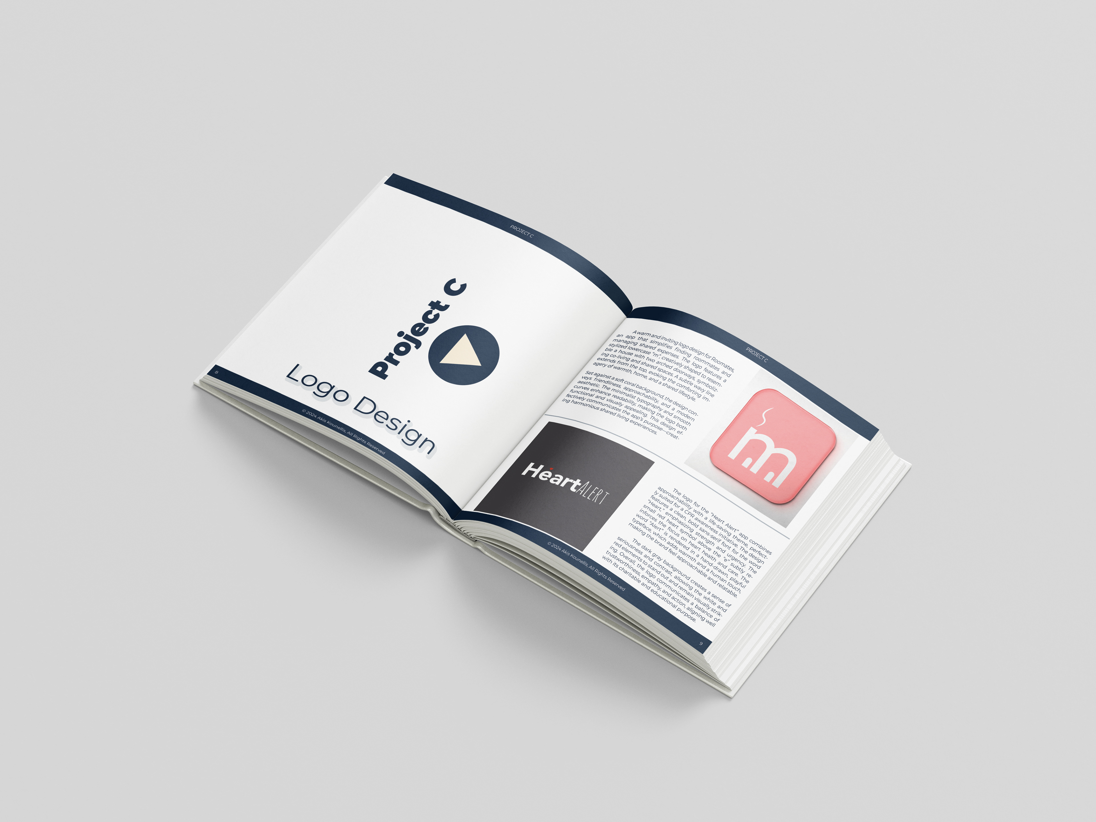 Editorial design book spread showing Project C with bold typography, Heart Alert logo, and pink square icon with stylized letter M.