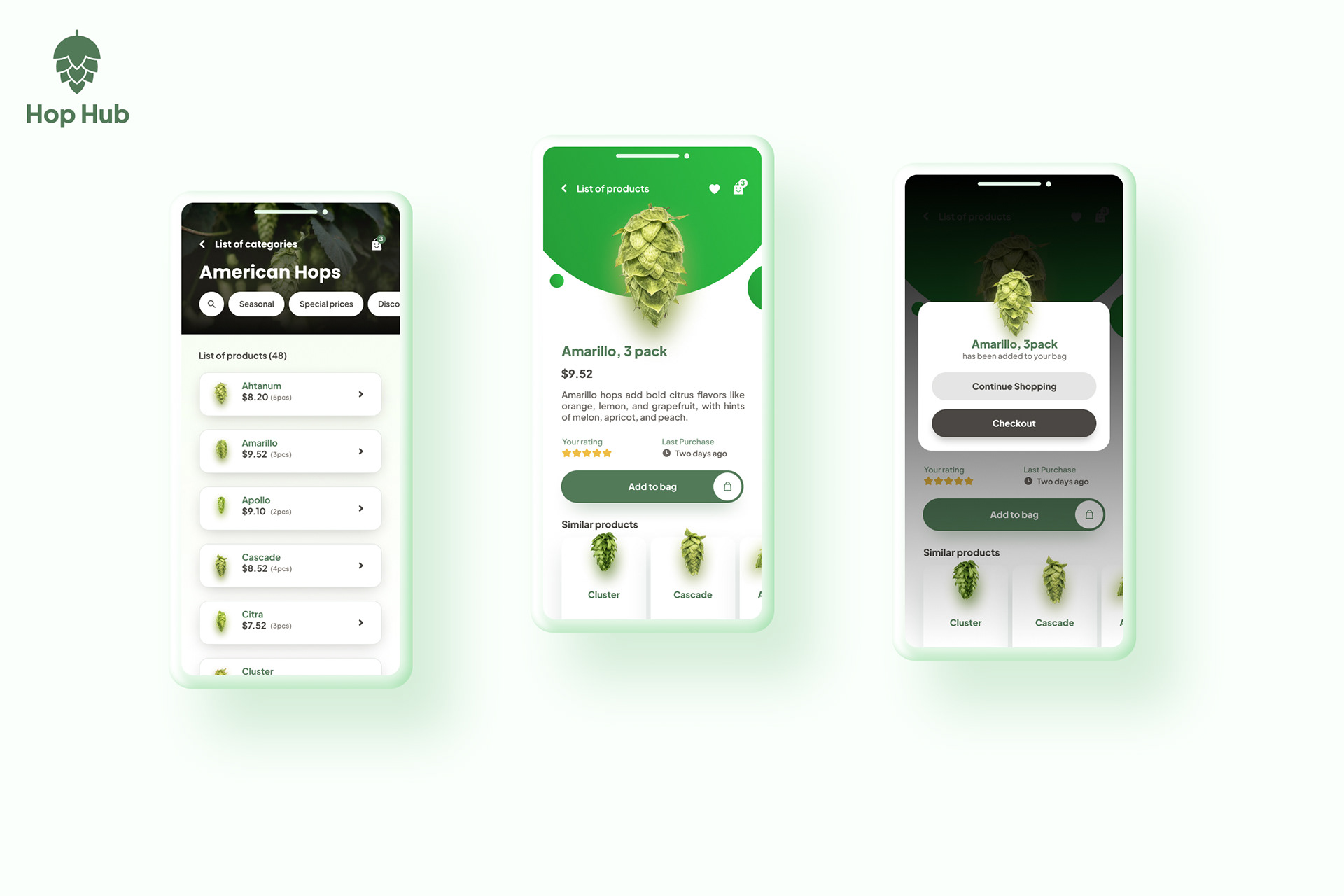Hop Hub mobile app mockups showing hops list, product details, and add-to-cart feature.