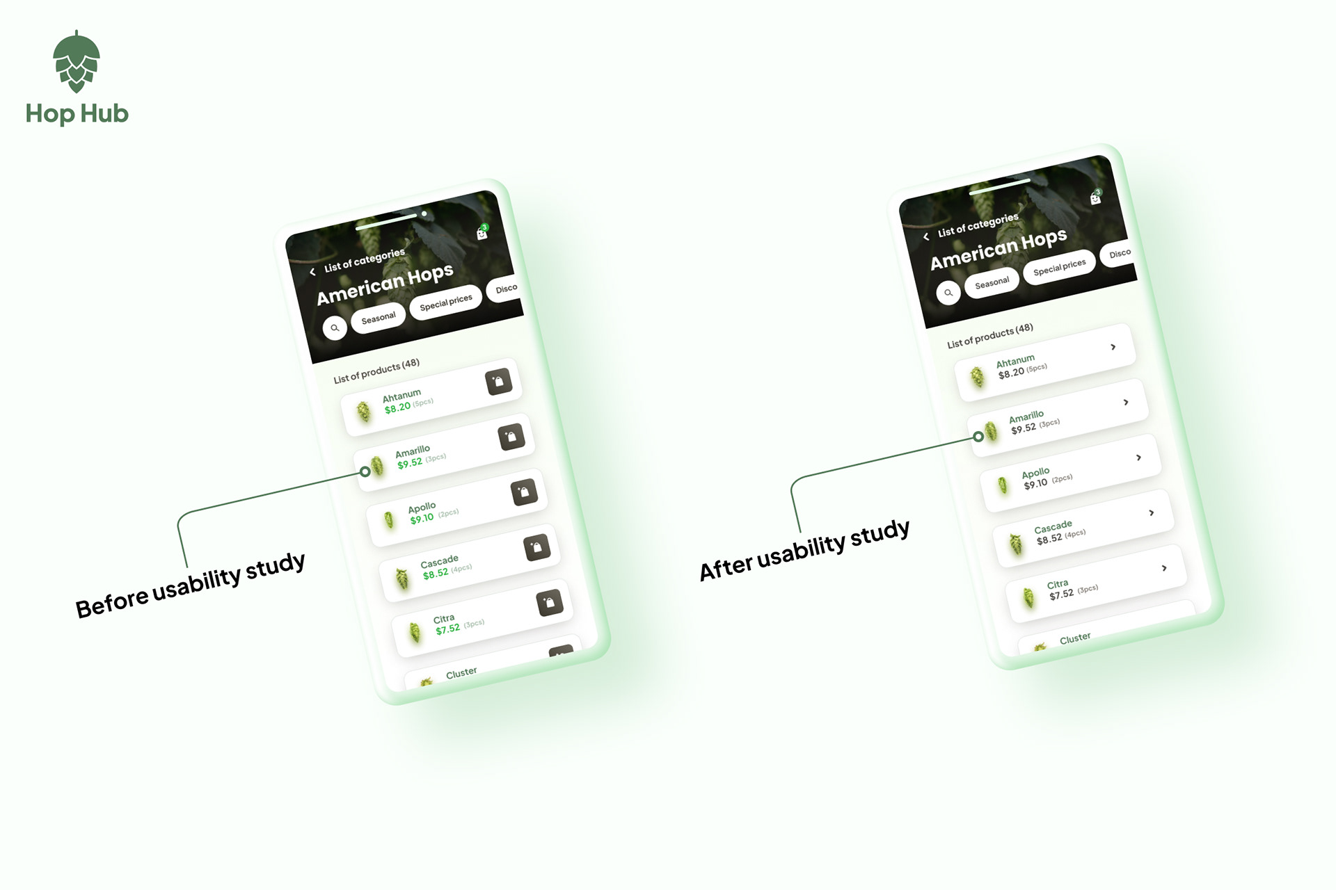 Hop Hub mobile app mockups showing accessibility options in product list, such as replacing icon with arrow.