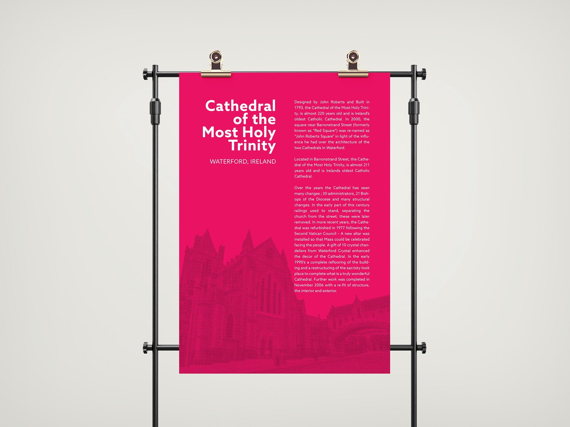 Poster design of Waterford Cathedral with magenta background, halftone architectural illustration, and bold white and yellow typography.