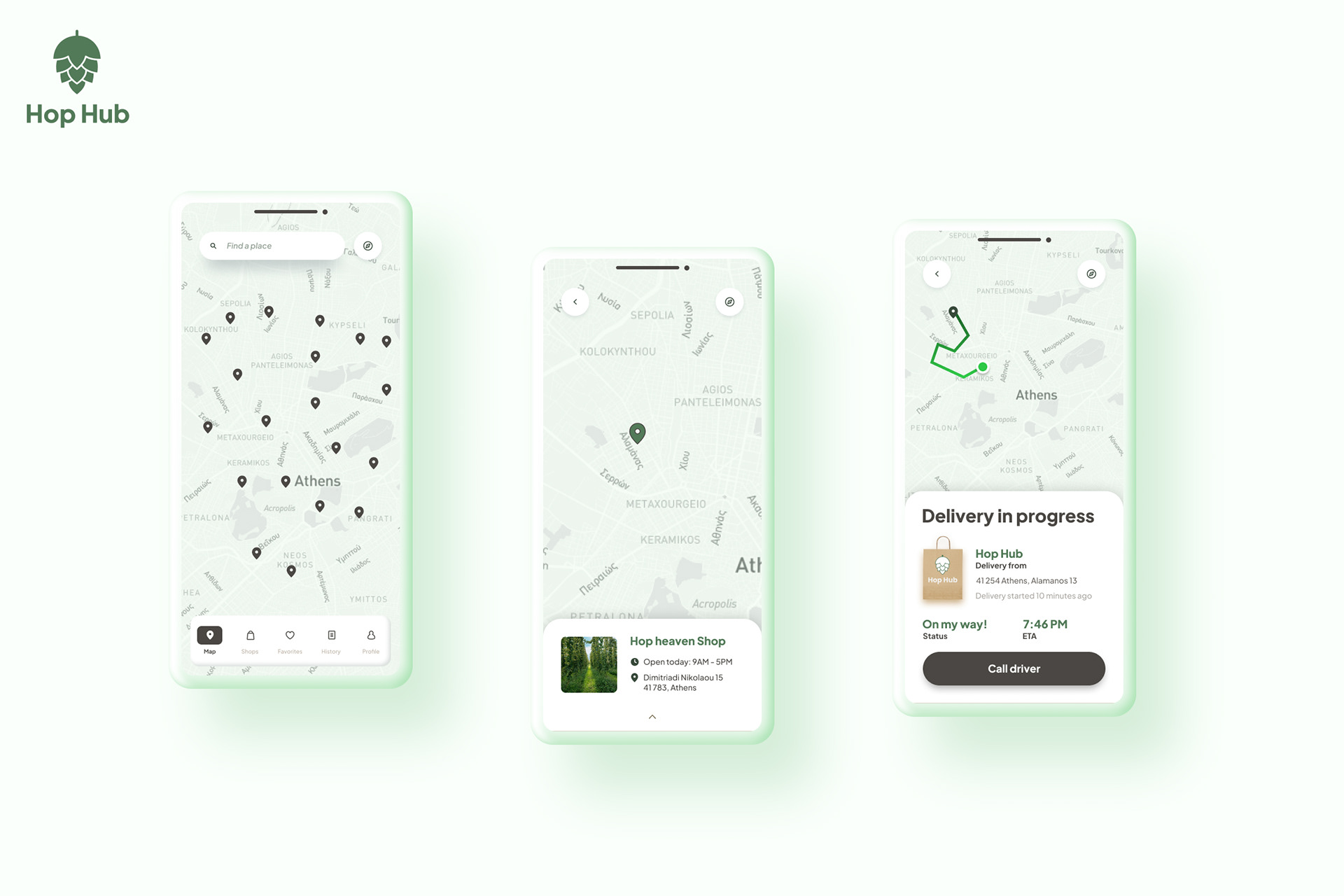 Hop Hub mobile app mockups showing interactive hops map and real-time delivery tracking.