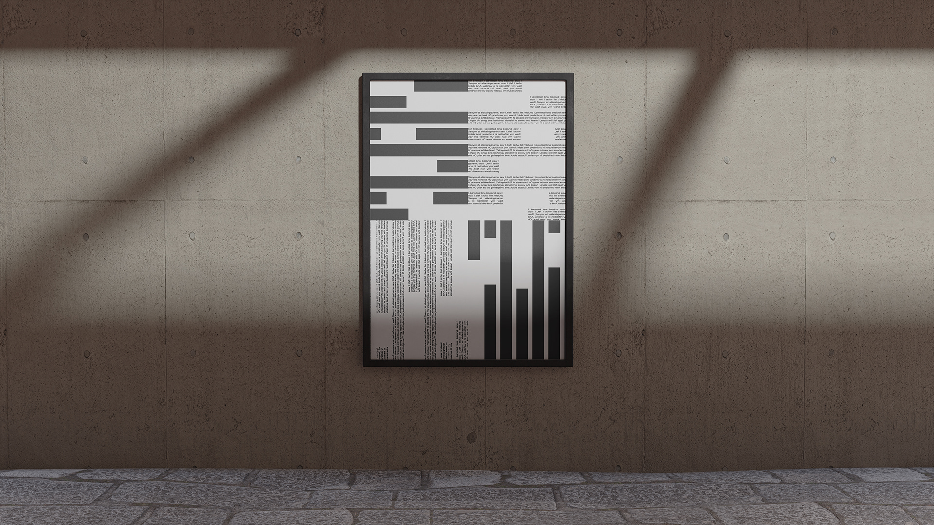Experimental typographic poster with black rectangular bars interwoven with vertical and horizontal text, blending grid abstraction with modernist style.