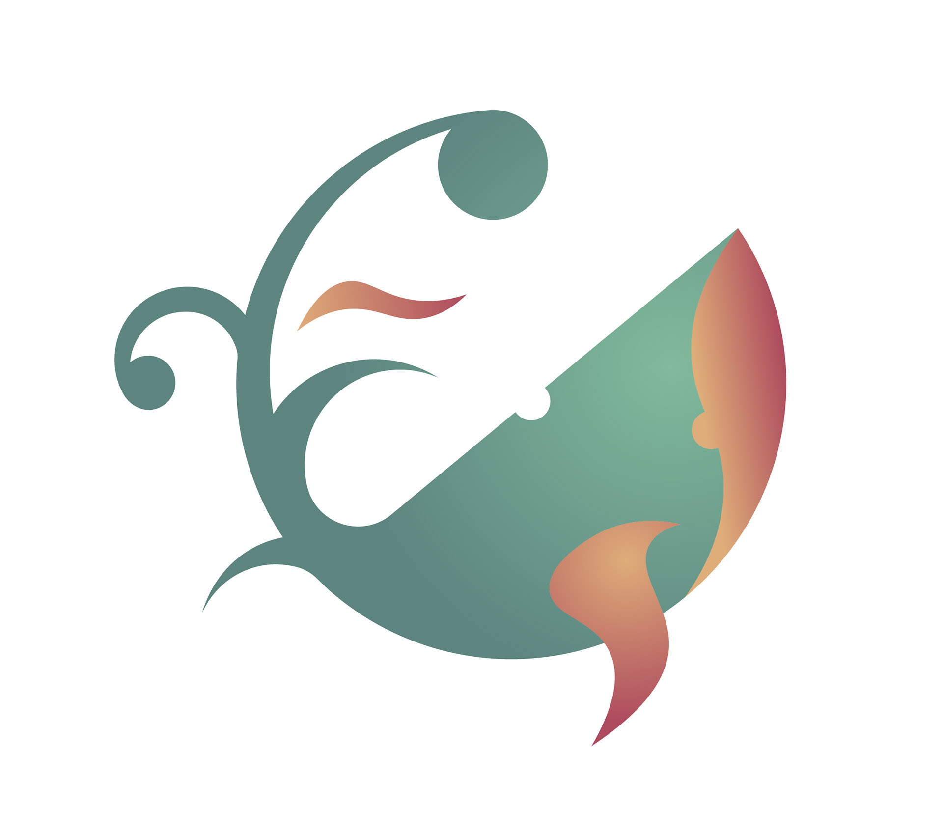 Abstract circular artwork with teal organic curves and stylized human profile in peach-red gradient on white background.