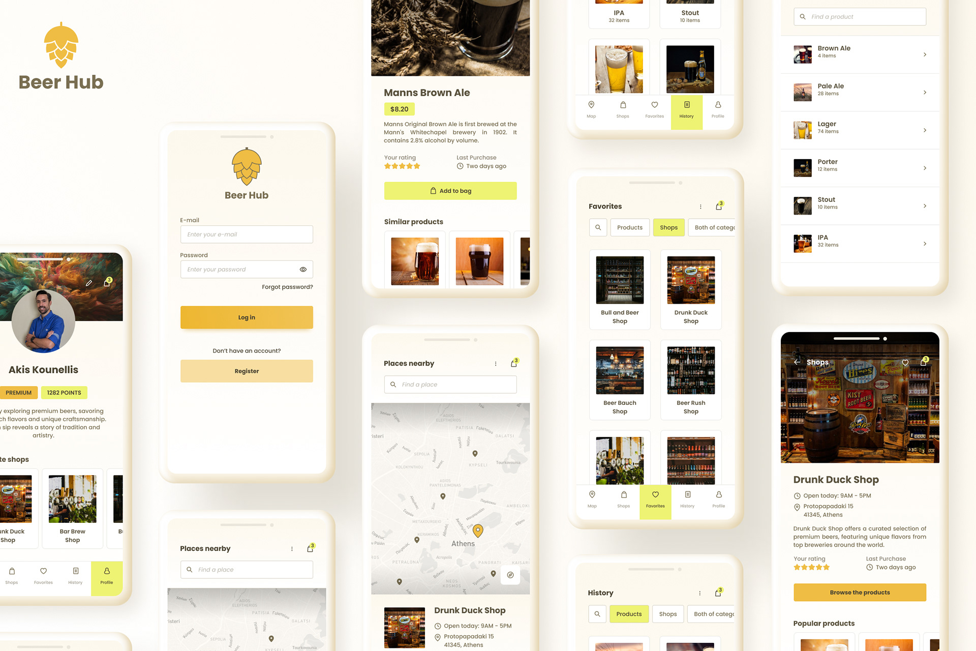 Beer Hub mobile app mockups showing premium beer discovery, shop, and community profile features.