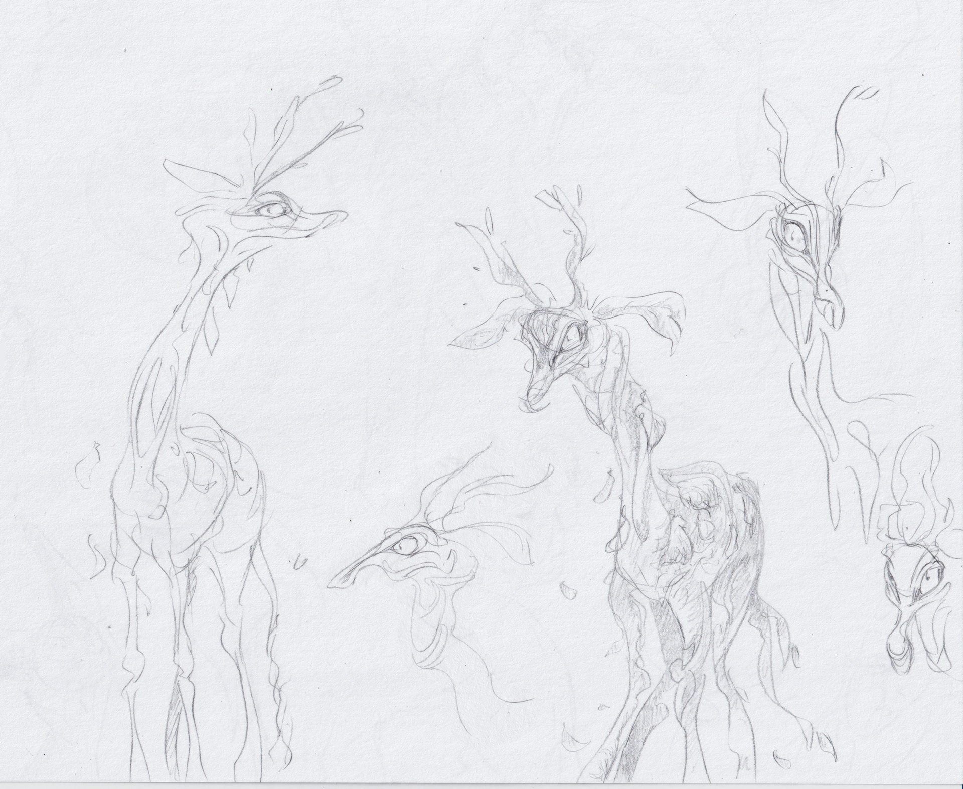 Concept art for a deer made of branches, the final piece can be found in the Colored works section.