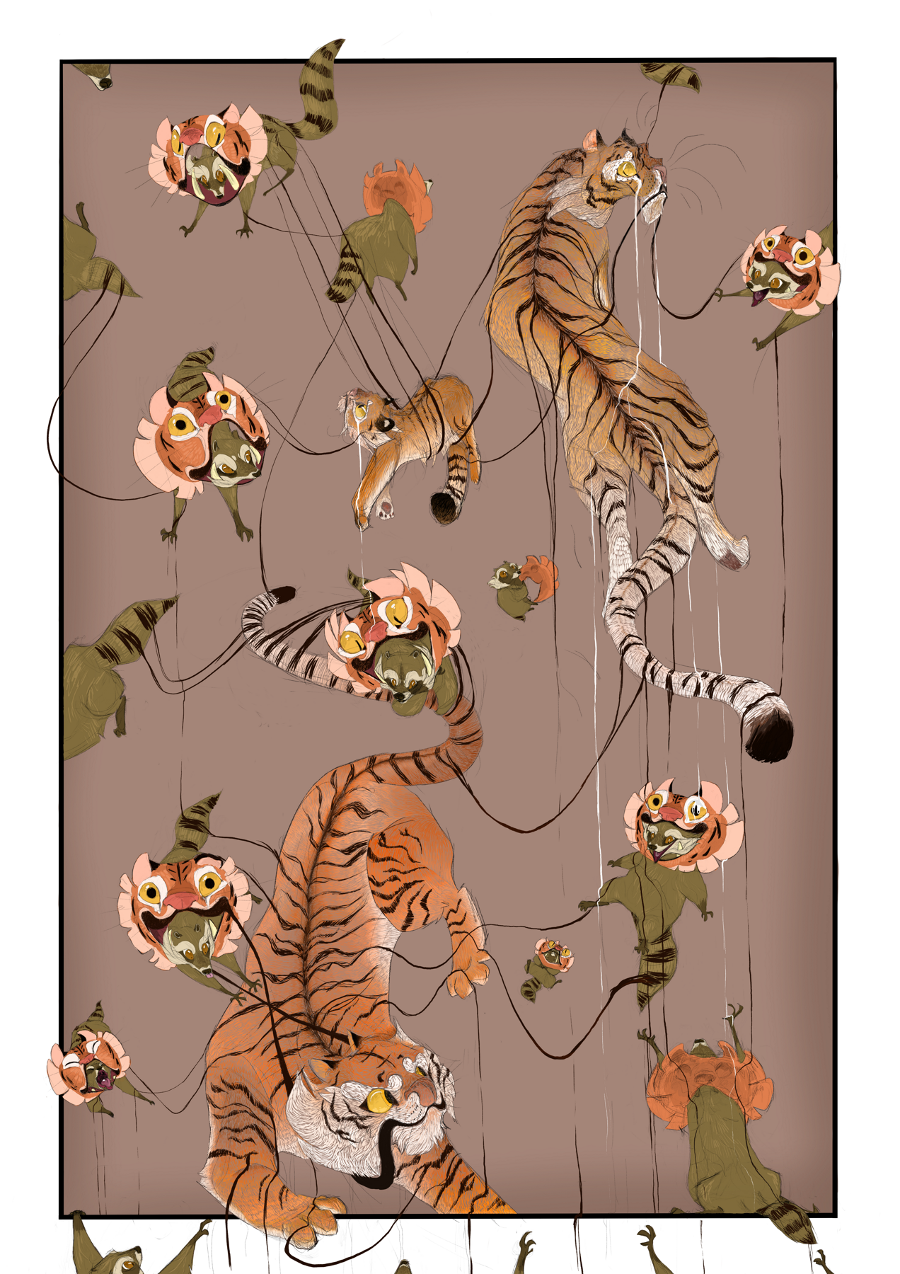 A digital artwork I did for the "kuvataiteen lukiodiplomi" (artdiploma) in upper secondary school. We had given themes to choose from and I chose cultural appropriation. Since I enjoy drawing animals the most I tried to describe the subject with animals.