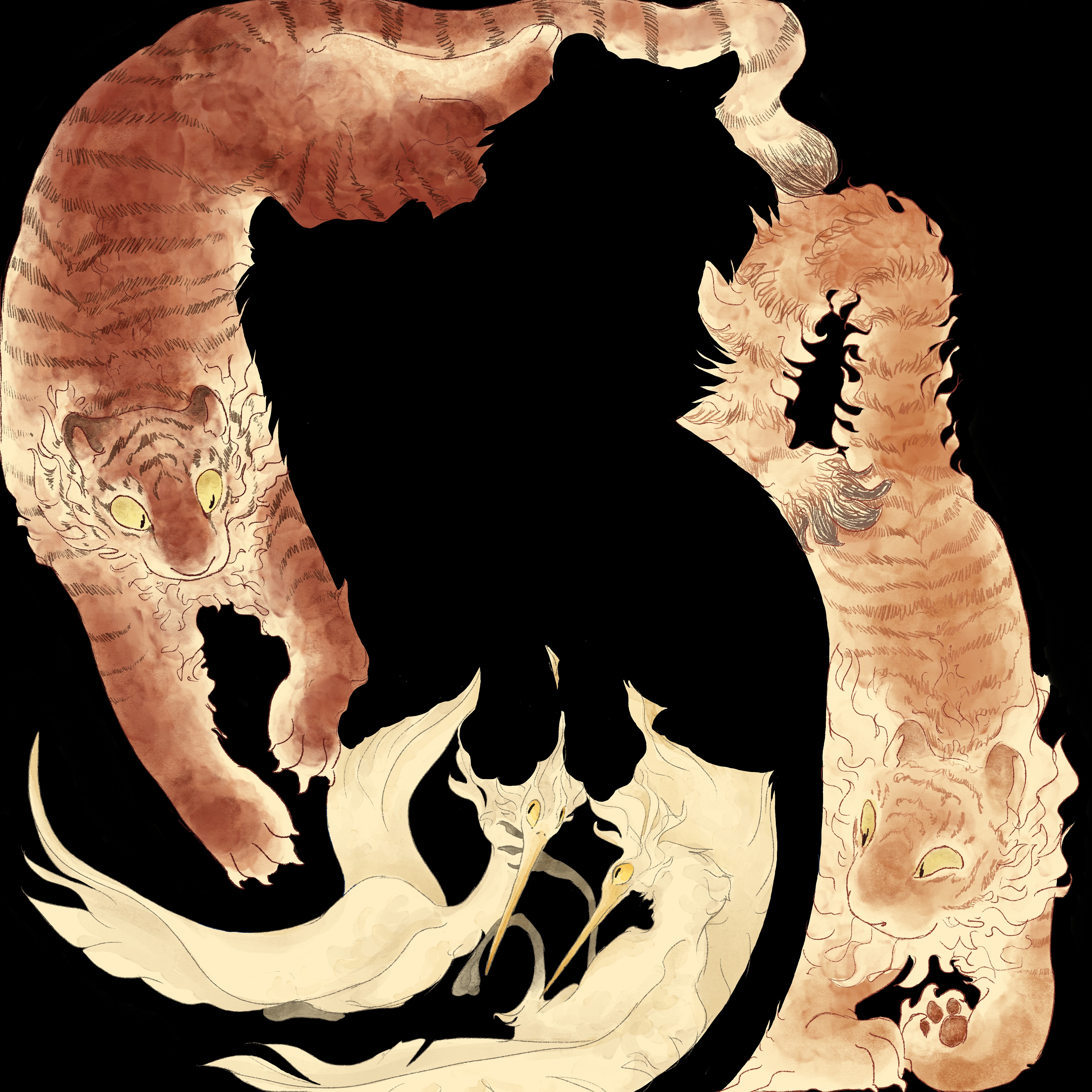 Two tigers and their prey forming a silhouette of two tigers.