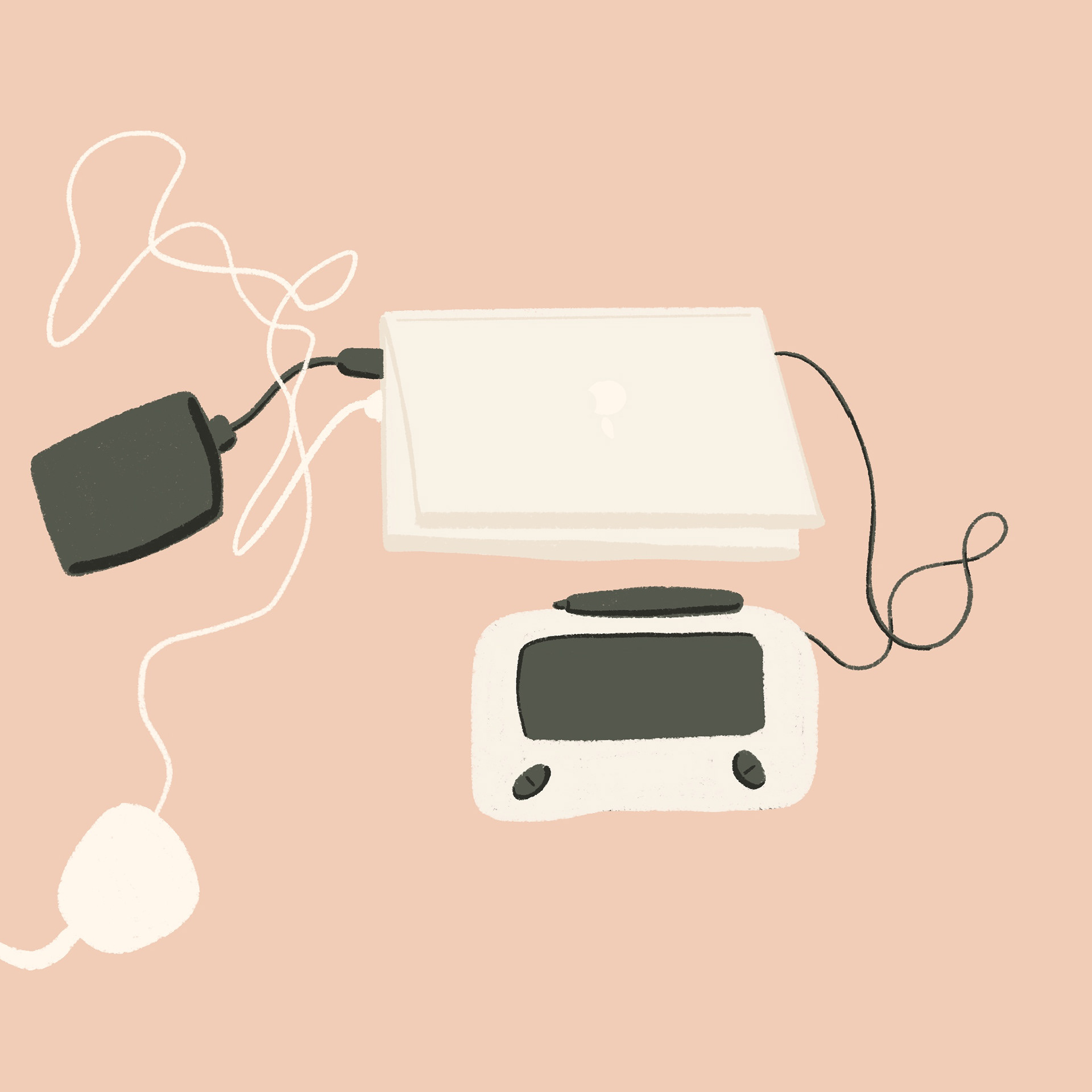 My mobile office set-up! Complete with my external hard drive, wacom tablet, and of course the charging cord.