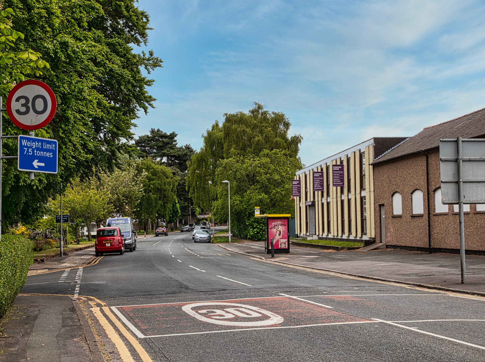 Entrance to Eastham Village Rd from A41 Southbound, with Stanton House on the Right