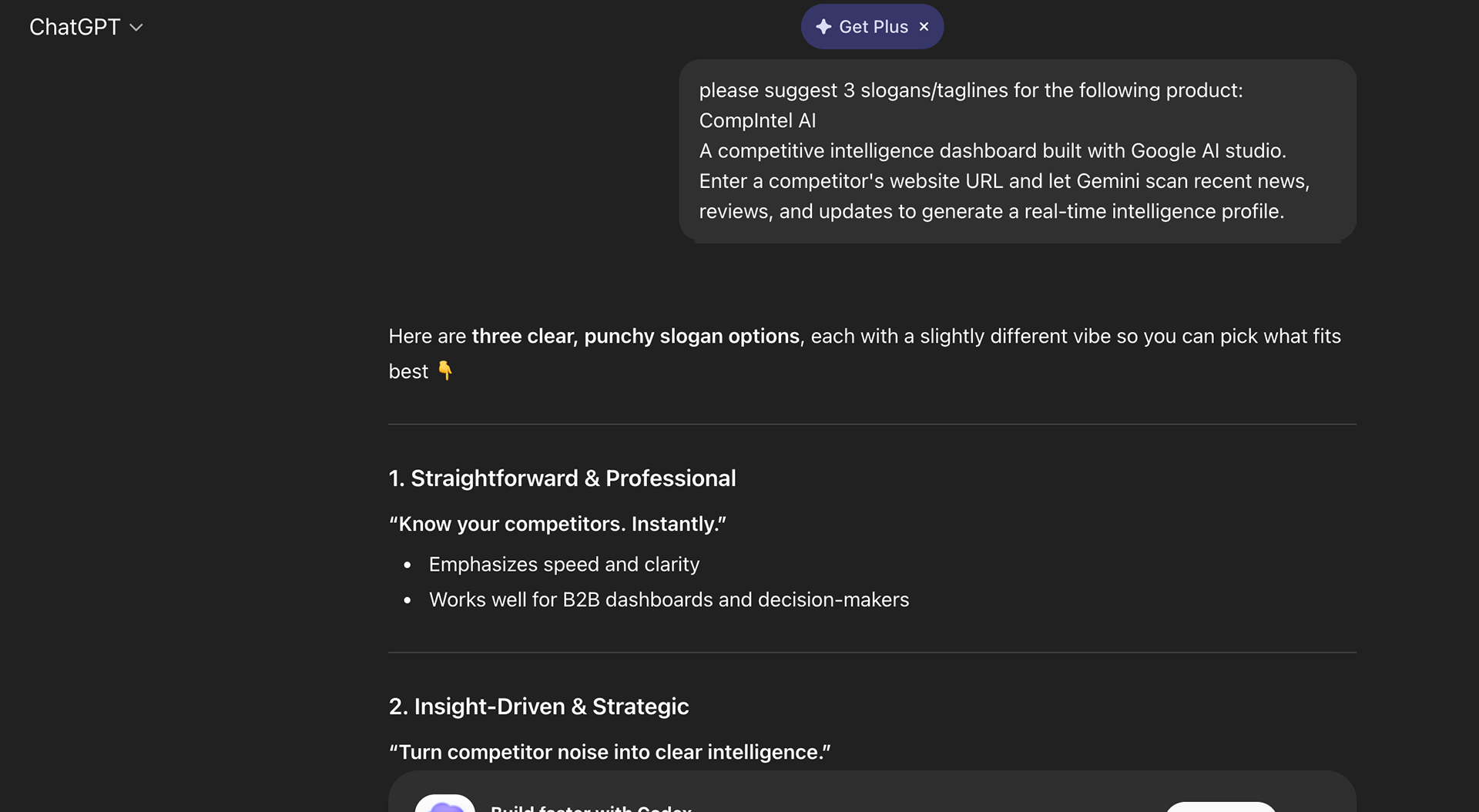 chat GPT tagline generation process screenshot