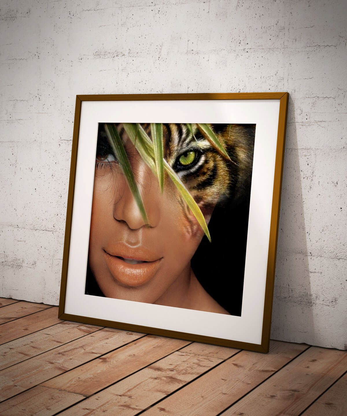 photoshop composition of a tiger and woman blushing